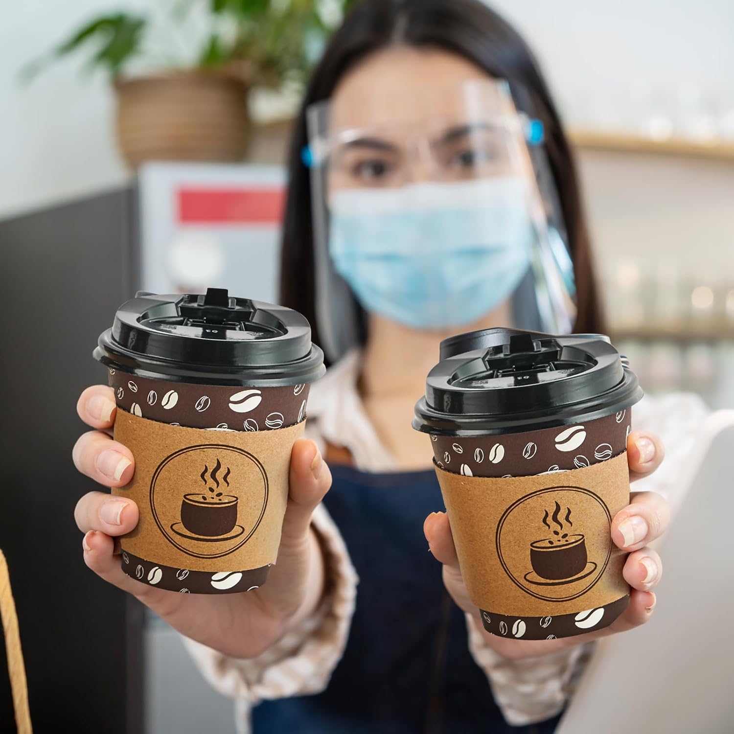 JOLLY PARTY 10oz(100 Pack) Disposable Coffee Cups with Lids, Sleeves and Straws - Paper Coffee Cups with Lids, Hot Cups for Shops, Cafes, and Concession Stands(Dark Brown) - Image 6