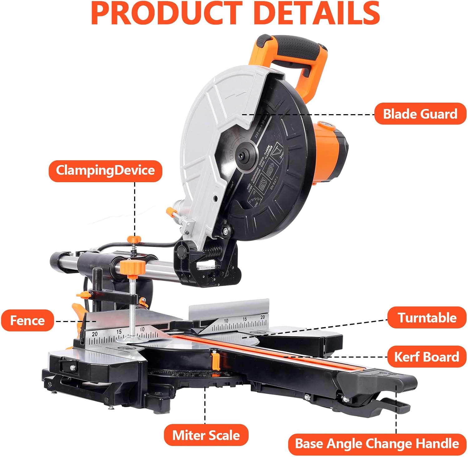 10in Single Bevel Double Speed Sliding Miter Saw,48T Blade,2-Speed 5000/3200 RPM,3.5x13in Cutting Capacity,ETL certificate (Black+Orange)
