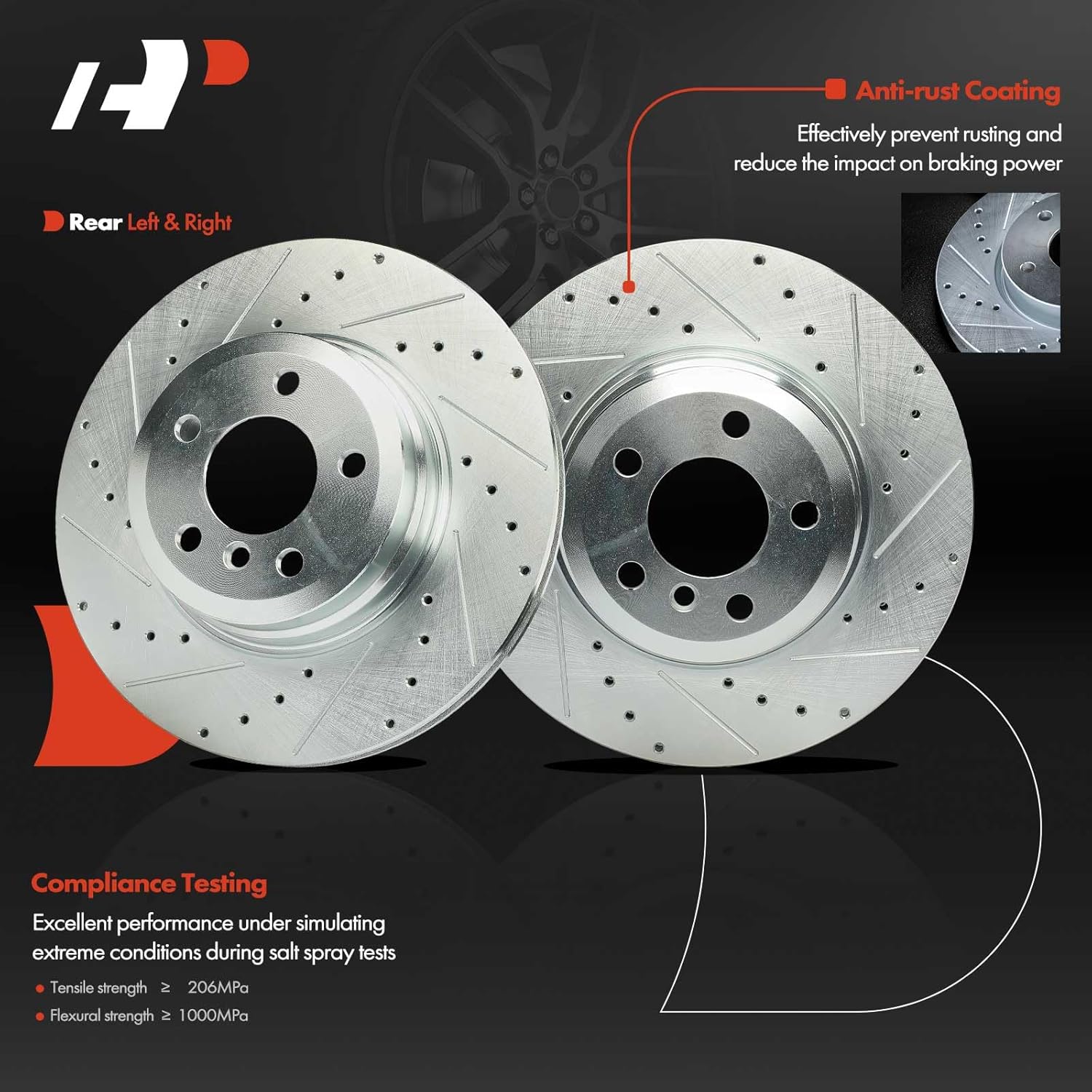 A-Premium 6-PC Set 13.57 in (344.8 mm) Rear Drilled and Slotted Disc Brake Rotors + Ceramic Pads Kit Compatible with Select BMW Models - X5 2007-2018, X6 2008-2019