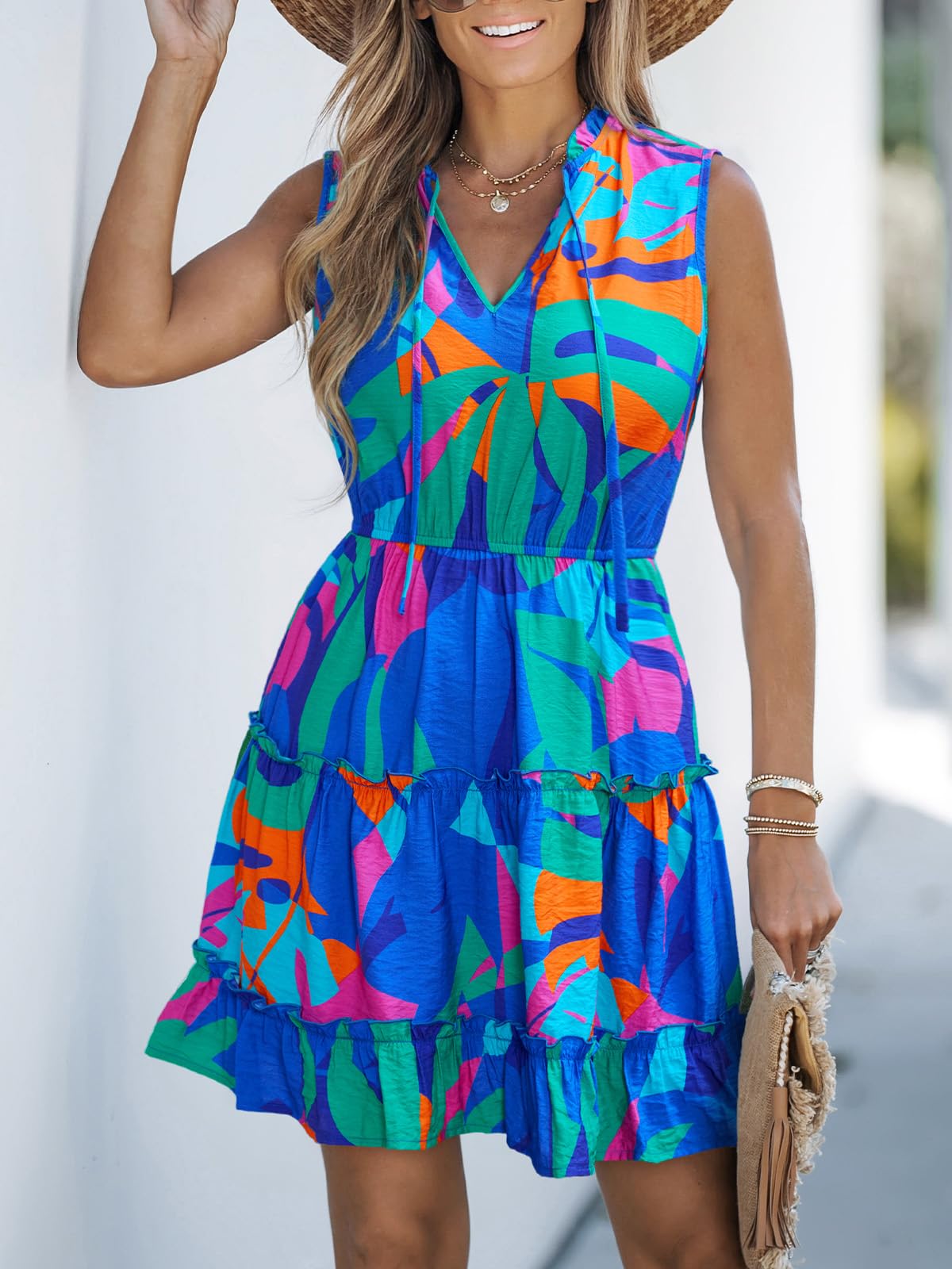 CUPSHE Damen Sommerkleid Ärmellos V Ausschnitt A Linie Kleid Mit Rüschen