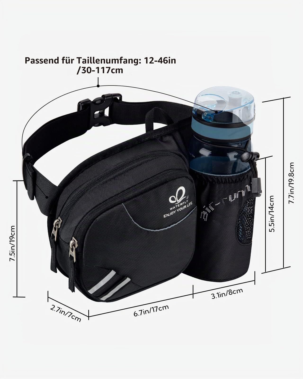 WATERFLY Gürteltasche Bauchtasche mit Flaschenhalter Damen und Herren, Atmungsaktiv Sport Hüfttasche für Laufen Radfahren Camping Klettern Reisen Wandern Joggen Hundetraining