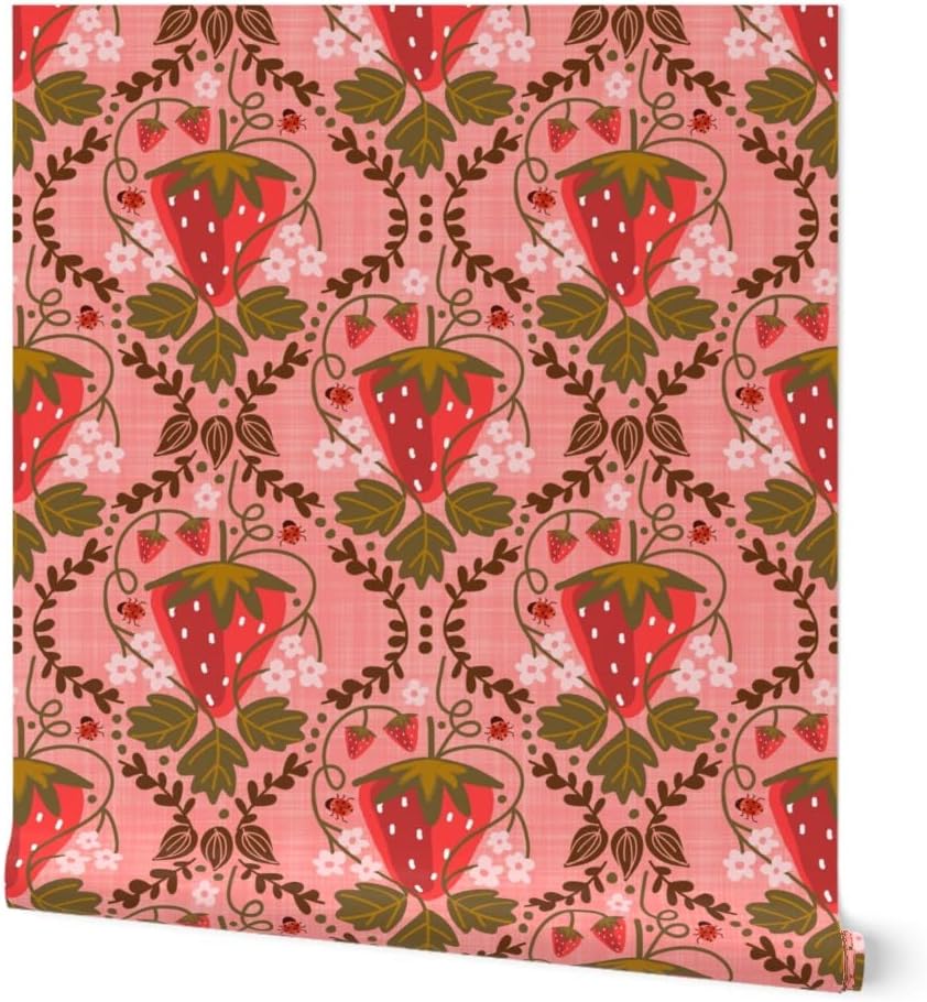 Peel & Stick Wallpaper Swatch - Strawberry Damask Mustard Pink Floral Happy Sweet Custom Removable Wallpaper by Spoonflower