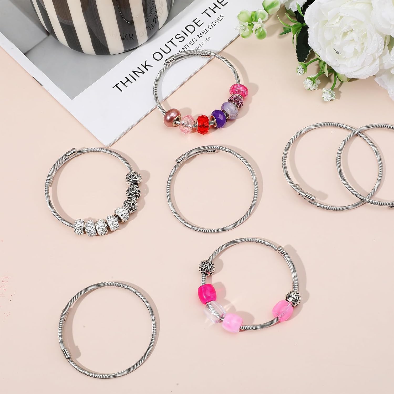 50 Pcs Snake Charm Bracelet Set Stainless Steel Expandable Bangle Bracelets Silver Adjustable Snake Bracelet Chain for Women DIY Jewelry Making Supplies Birthday Gifts