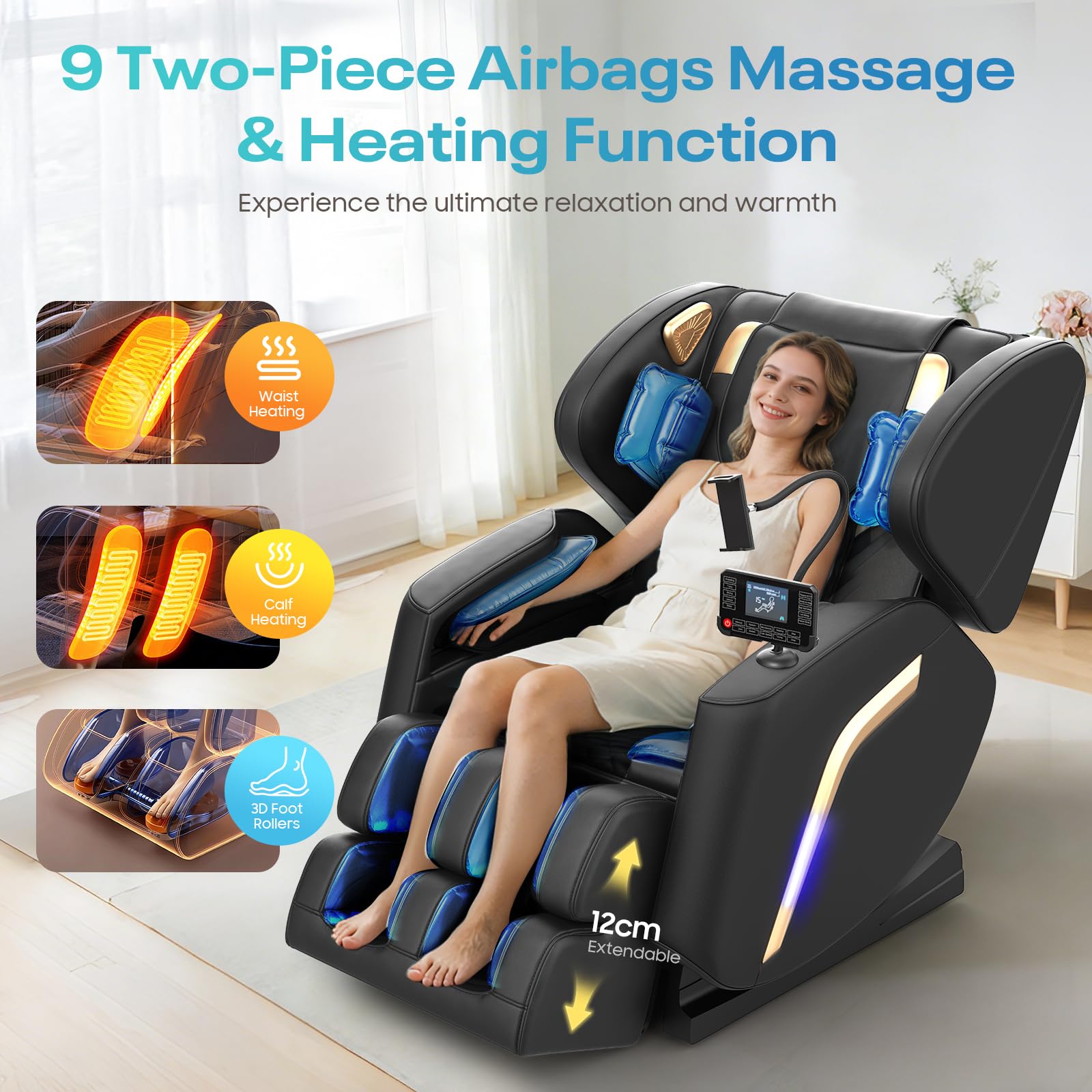 Poltrona Massaggiante con Funzione di Riscaldamento,14 Rulli Massaggianti,9 Airbag,Massaggio ai piedi,Altoparlante Bluetooth,Controllo Tramite Smartphone,Controller Touchscreen, Gravità Zero