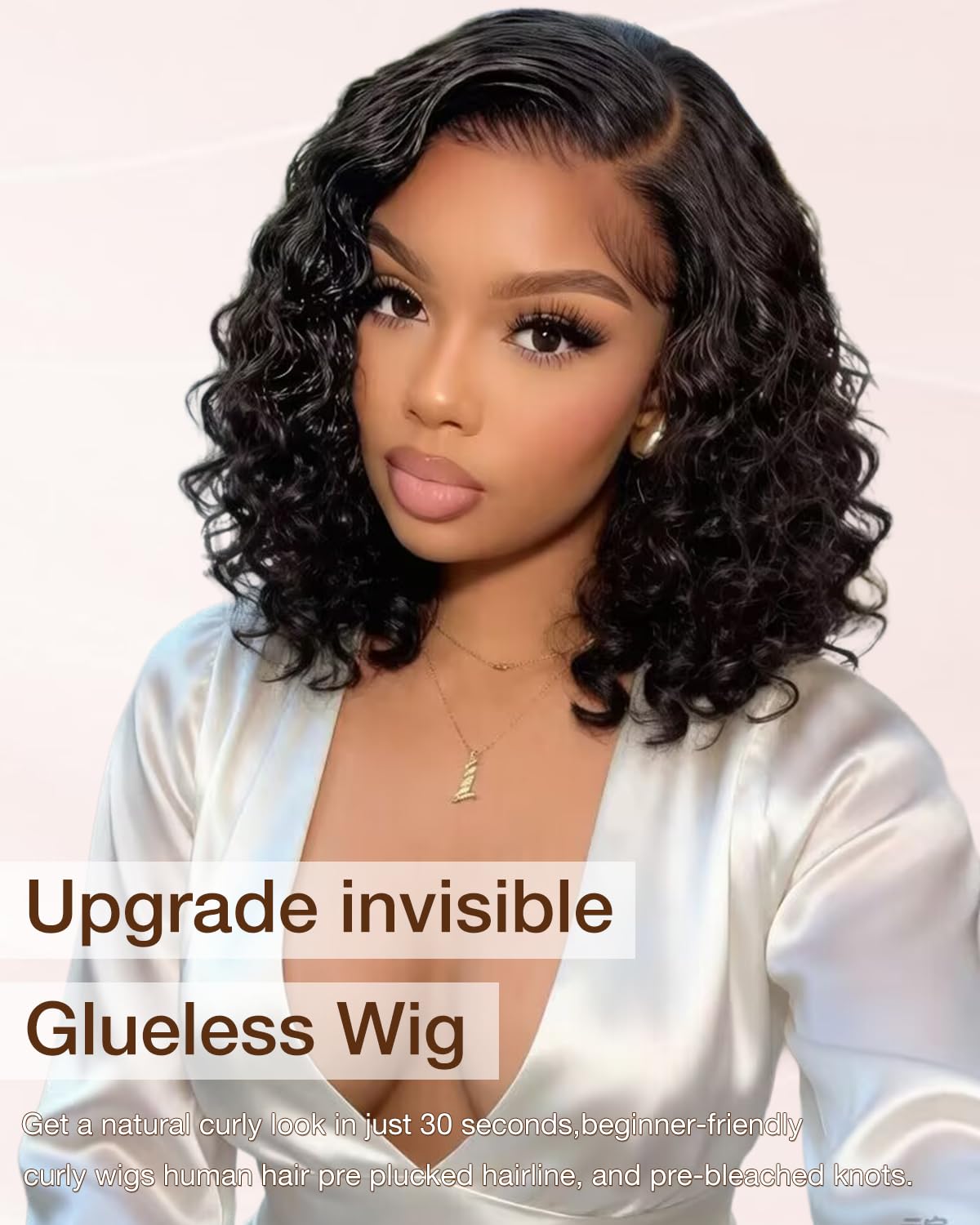 Bob Wig Human Hair with Drawstring Wear and Go Glueless Pre Plucked Pre Cut 5x5 HD Lace Curly Deep Wave Lace Front 300% Density Natural Black Color 12 Inch