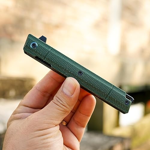 Miniatura 8 de FORESAIL Cuchillo de bolsillo plegable para EDC, mango de micarta verde, hoja PVD DC53 negra, con clip, cuchillo de transporte diario para hombres y