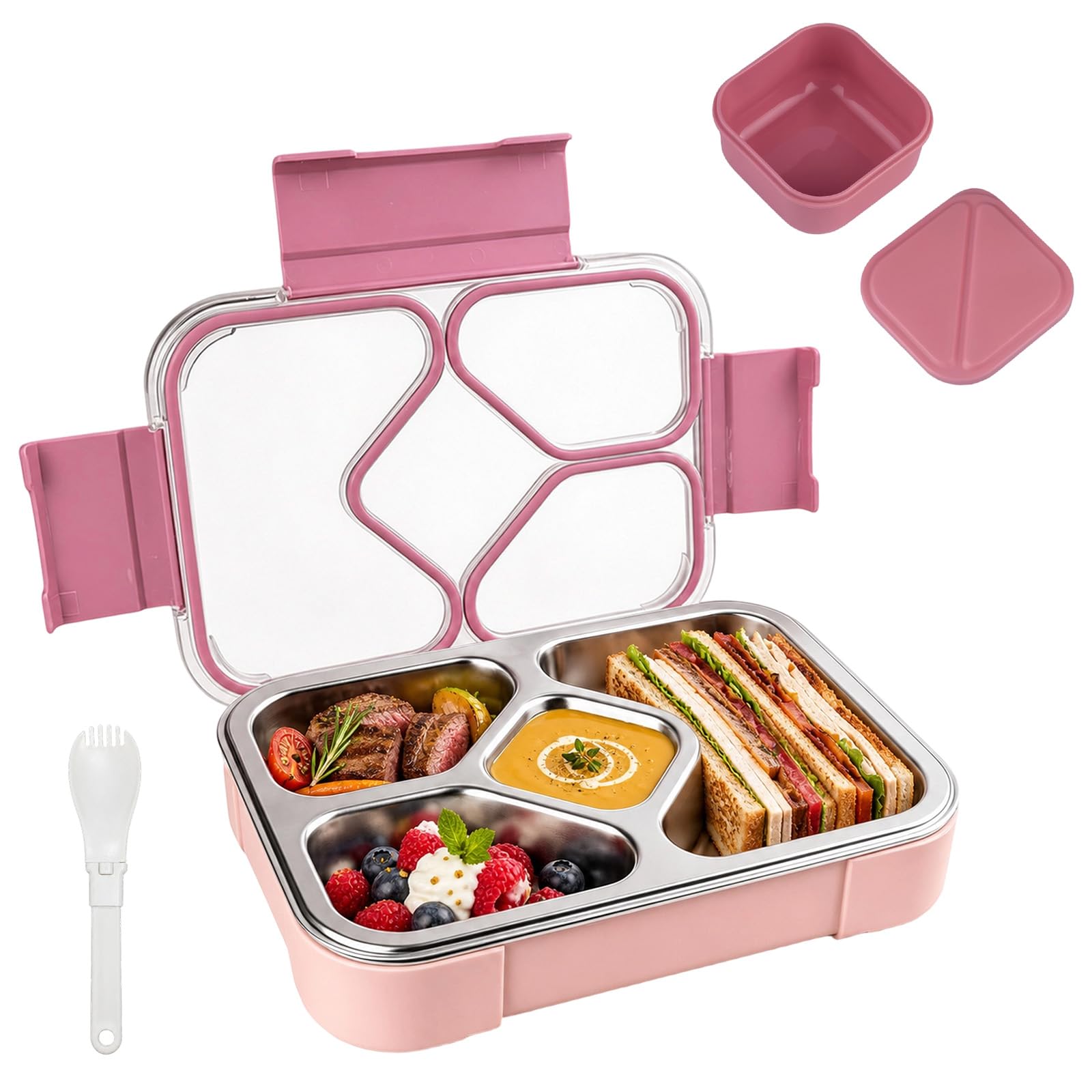 Edelstahl Thermo Lunchbox Kinder 1020ml, Isolierte Brotdose mit 4 Fächern Auslaufsicher Bento Essensbehälter zum Warmhalten und Kühlen, Wiederverwendbare Brotzeitbox für Schule Kita mit Besteck (Rose) Küche, Haushalt & Wohnen