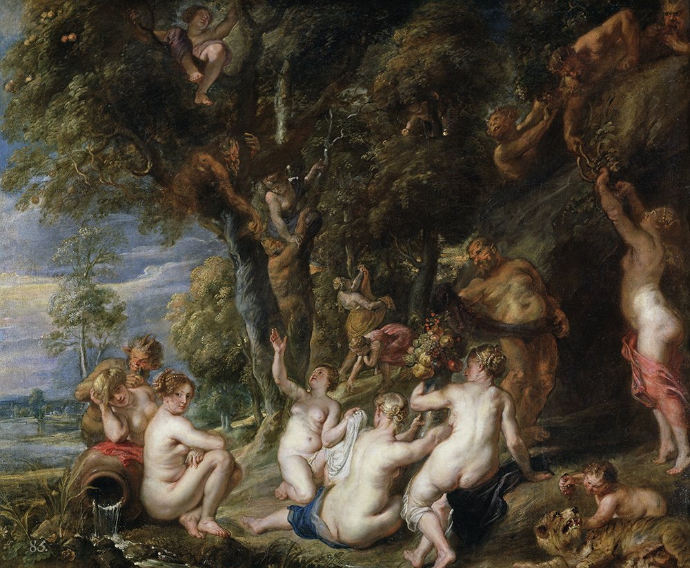 Tableau Rubens Nymphs and Satyrs grand format avec cadre marron élégant