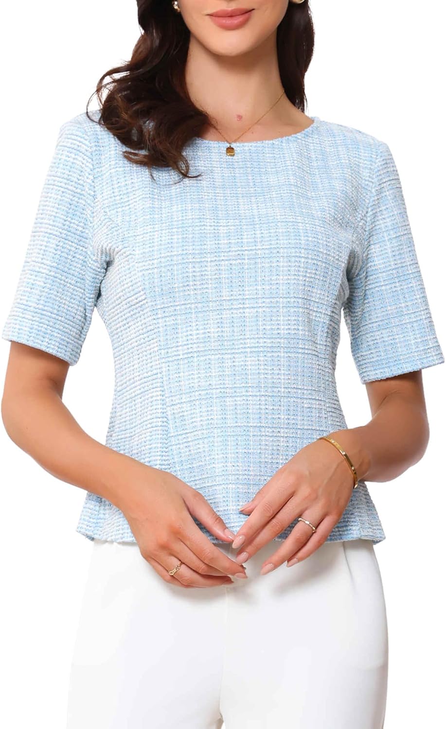 Allegra K Tweed Top for Women's Round Neck Short Sleeve Pullover Work Office Blouse Large Blue