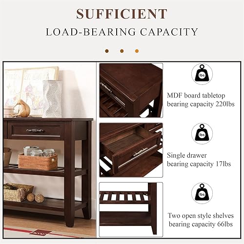 Miniatura 7 de Mesa consola de madera maciza de 42 pulgadas, mesa de sofá de madera de pino con cajones de almacenamiento y estantes, mesa de entrada retro para