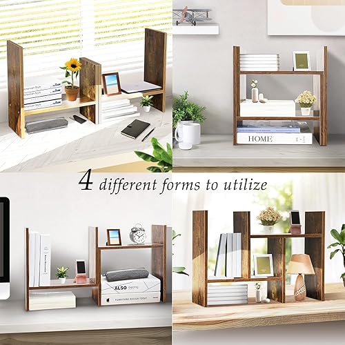 Miniatura 6 de BROWN-BROWN Estante de escritorio ajustable de madera organizador de escritorio multiusos para oficina, hogar, estante de exhibición, mini
