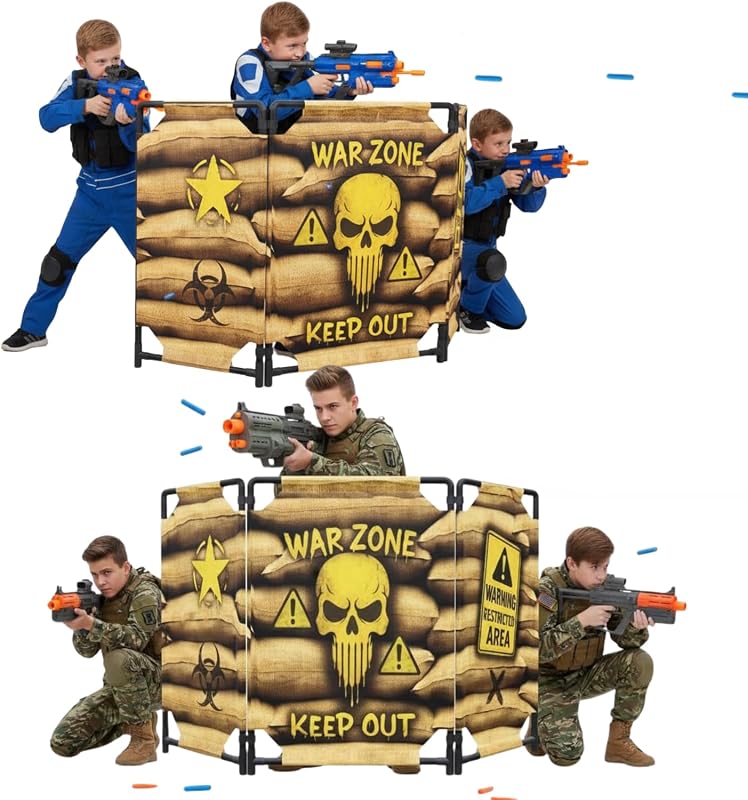 2-Pack Tactical Bunker & Foldable Battlefield Obstacles 59x34” Combat Battle Zone Fort, Compatible with Laser Tag, Foam Blaster, Birthday Activities, Party Supplies + Interactive Target Board
