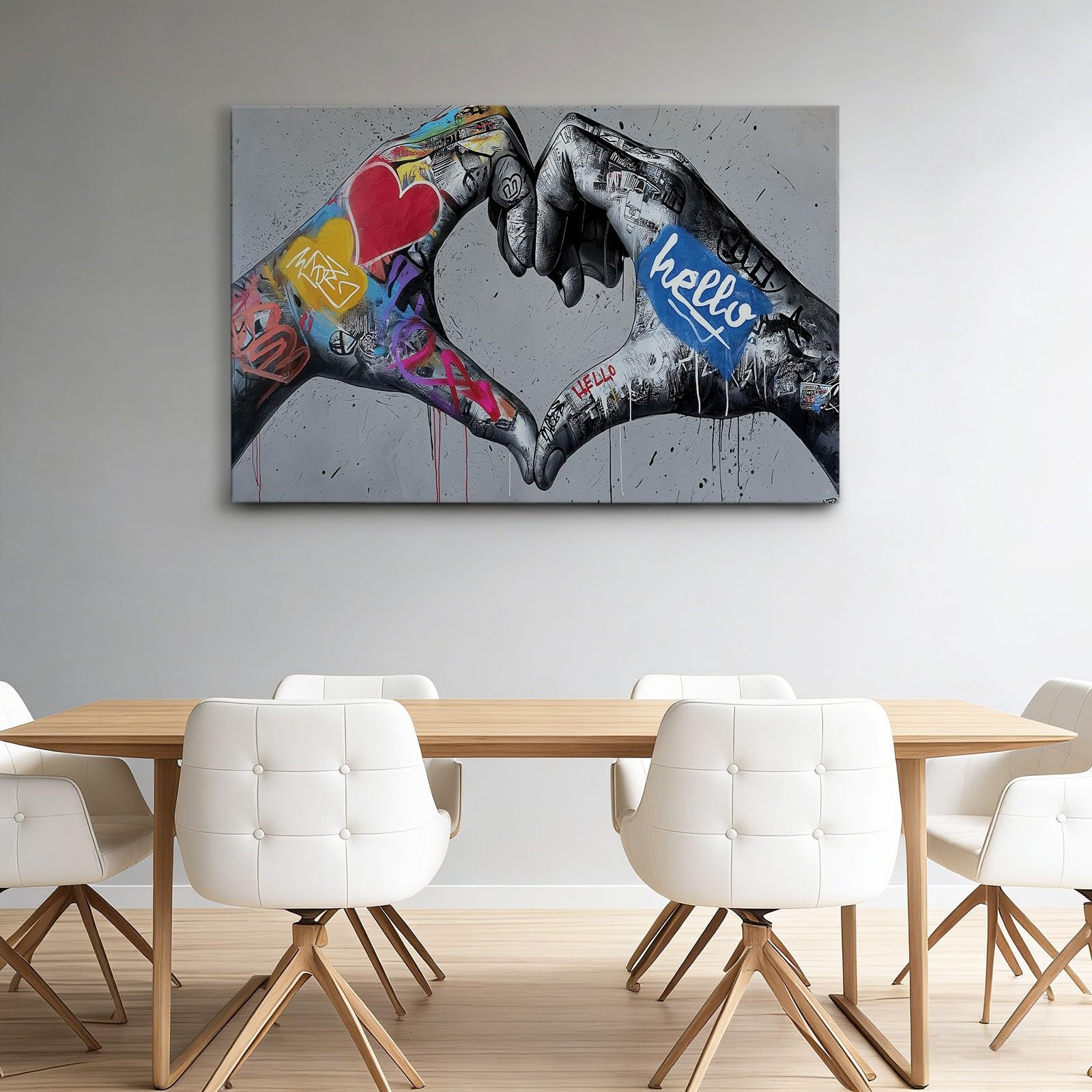 Stampa artistica da parete su tela con mani a forma di cuore e graffiti, stampe su tela per soggiorno, camera da letto, ufficio, grigio impermeabile, per bagno, 99 x 50,8 cm, senza cornice