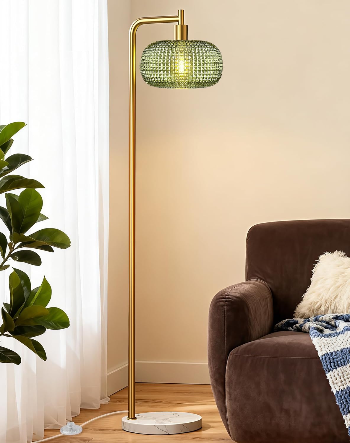 QiMH Gold Floor Lamp for Living Room, Mid Century Modern Standing Lamp Brass Tall Lamp with Green Glass Lamp Shade Marble Base, Large Vintage Retro Floor Lamps for Bedroom Home Decor