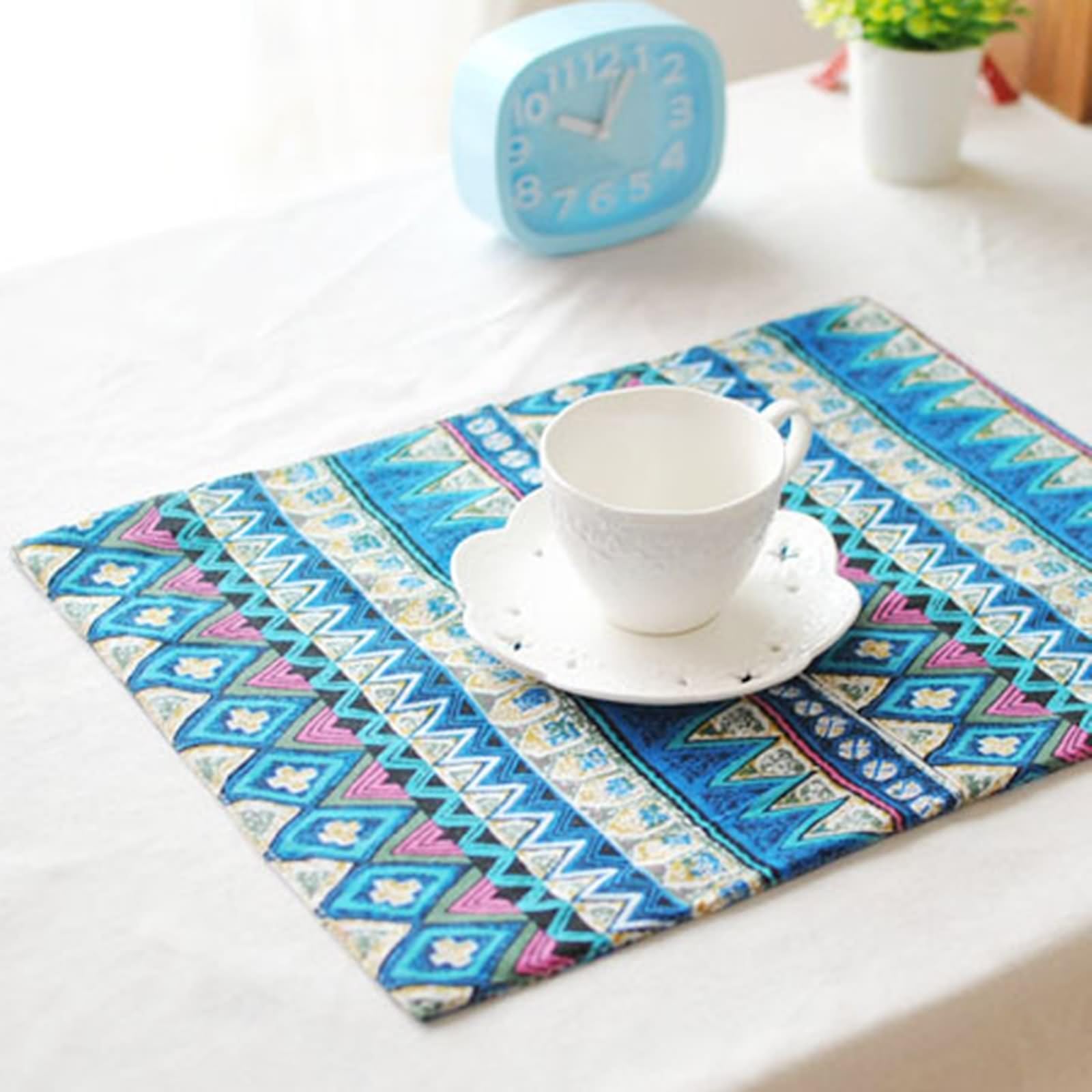 Lot de 8 Set de Table Vintage Dinner 30x40cm, sous Assiette Bleu Motif à Rayures Ondulées Géométriques Coton Lin