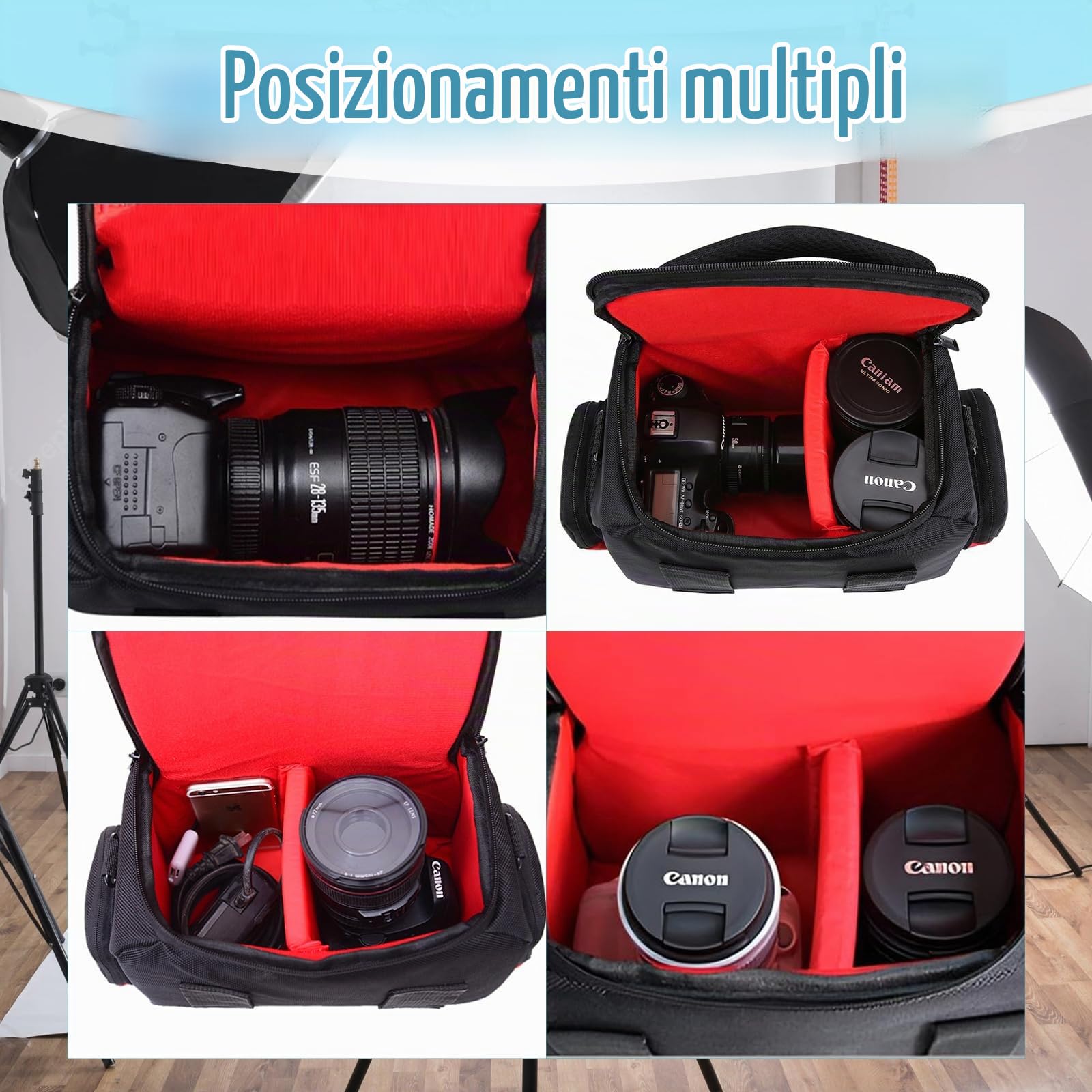 Borsa Fotocamera per Reflex & Mirrorless – impermeabile con copripioggia, divisori regolabili imbottiti, tasche multiple & tracolla – per fotocamera, obiettivi, accessori – viaggio, esterno & quotidia