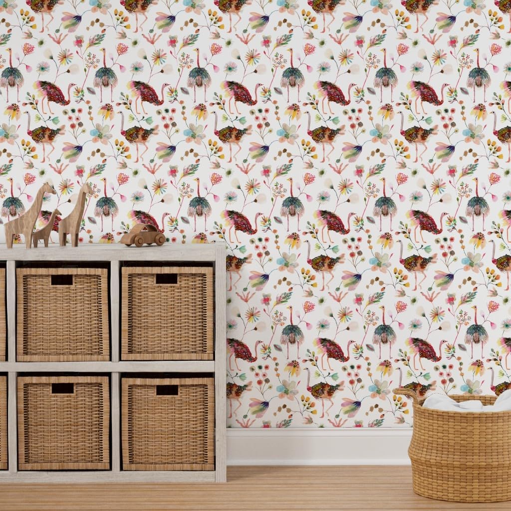 Removable Wallpaper 3ft x 2ft - Watercolor Ostrich Colorful Hand Painted Happy Large Scale Bird Custom Pre-Pasted Wallpaper by Spoonflower