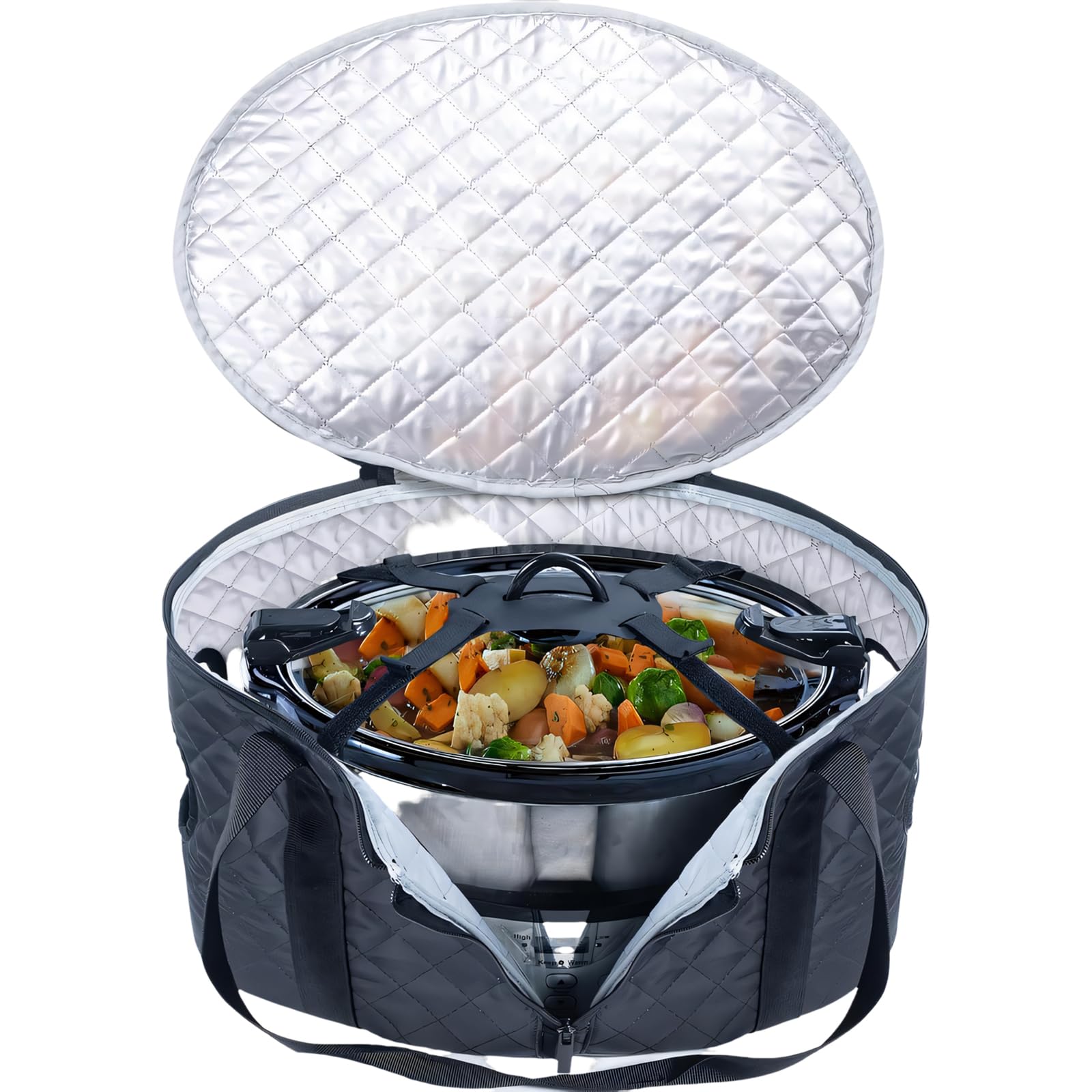 ZEPFJHE Quilted Nylon Cooking Container Carrying Case with Thermal Lining and Reinforced Handles Slow Cooker Planner Bag