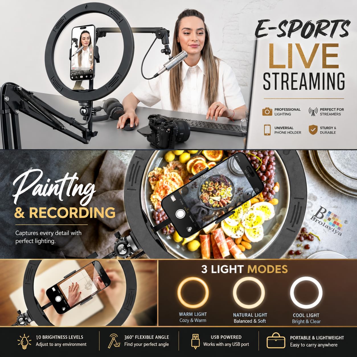 BROLAVIYA Video Light Stand - Ring Light & Extendable Arm -5