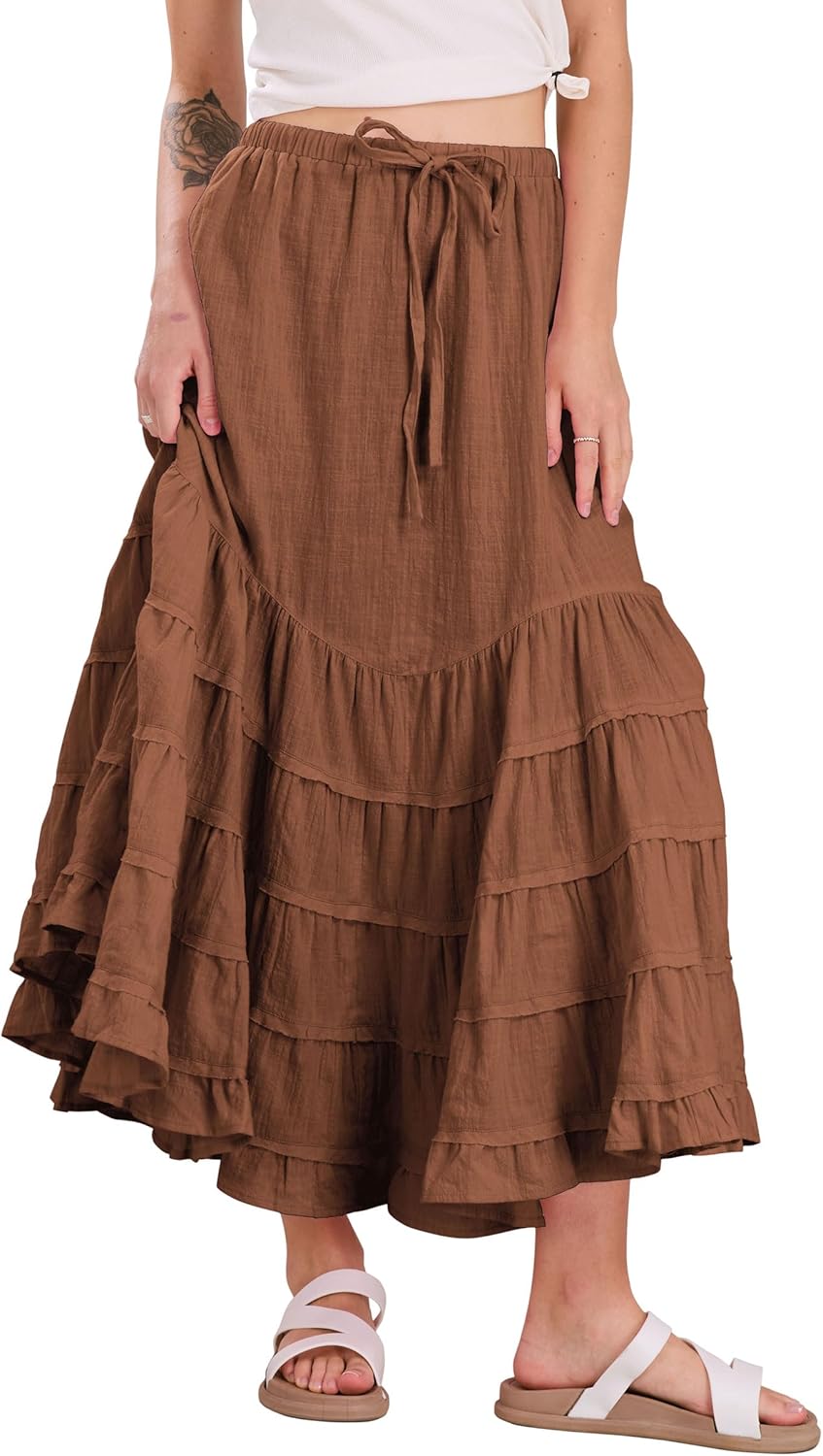 CHARTOU Women Tiered Maxi Mermaid Skirt Drawstring Waist Ruffle Flowy Boho 2024 Summer Long Skirt