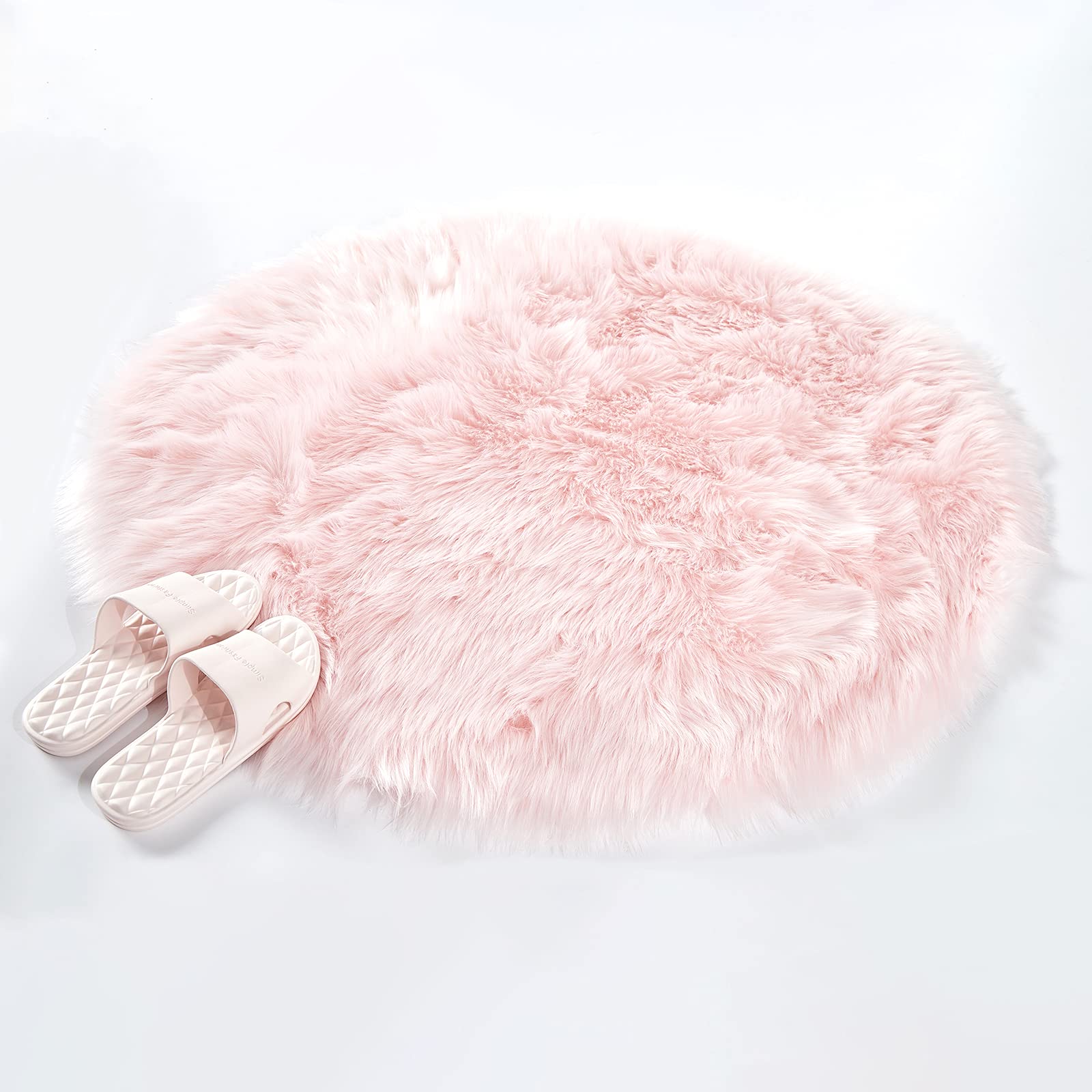 Yunou Round Faux Fur Rug for Living Room and Bedroom Carpets (2.3 feet diameter Light Pink)