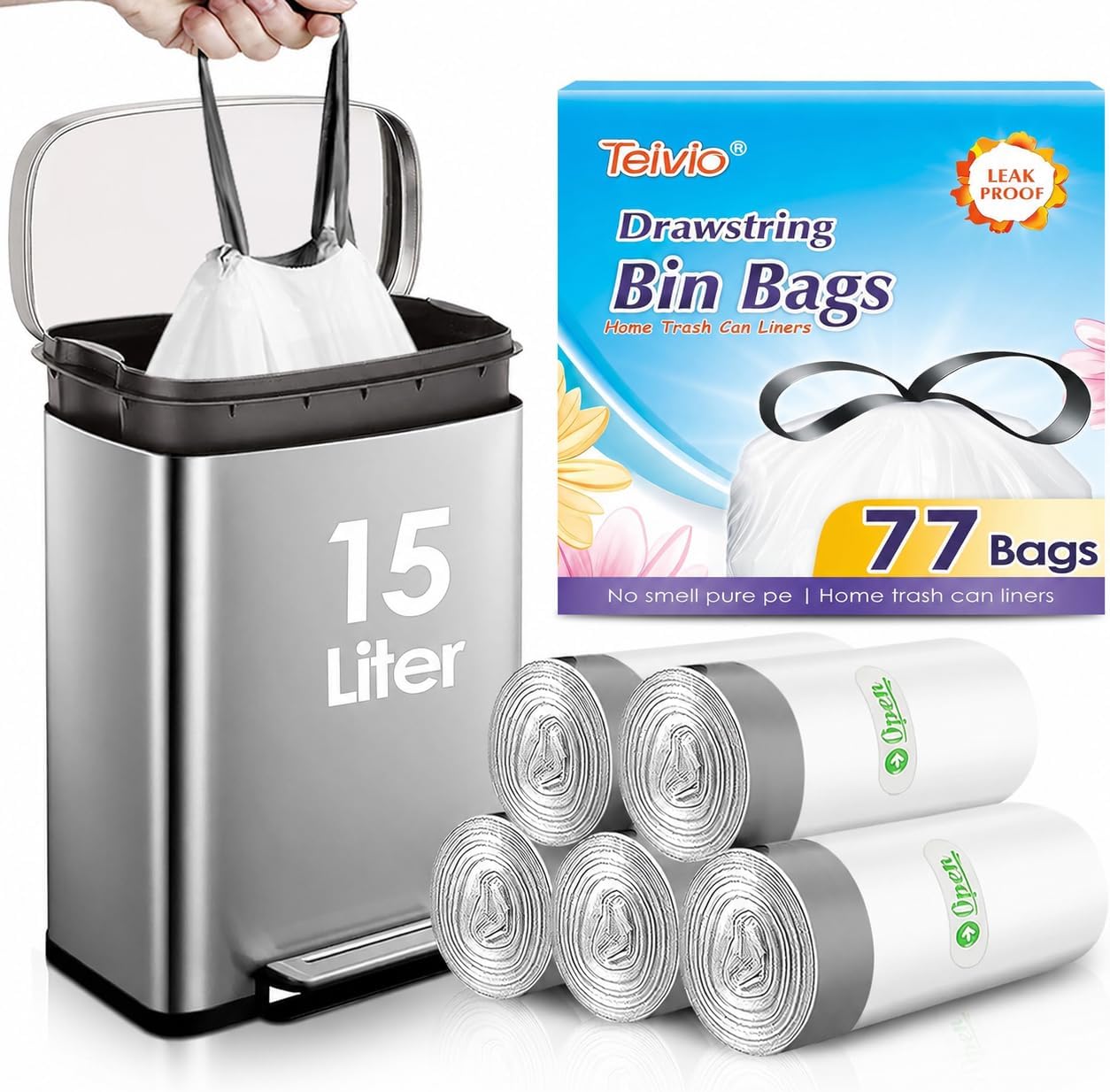 Teivio 15 Liter Small Bin Liners with Tie Tap, 77 Counts Strong Drawstring Pedal Bin Bags Fit 10-15L Trash Can, Waste Paper Bin Bags for Home Office Kitchen Bathroom Bedroom, White Toilet Rubbish Bag
