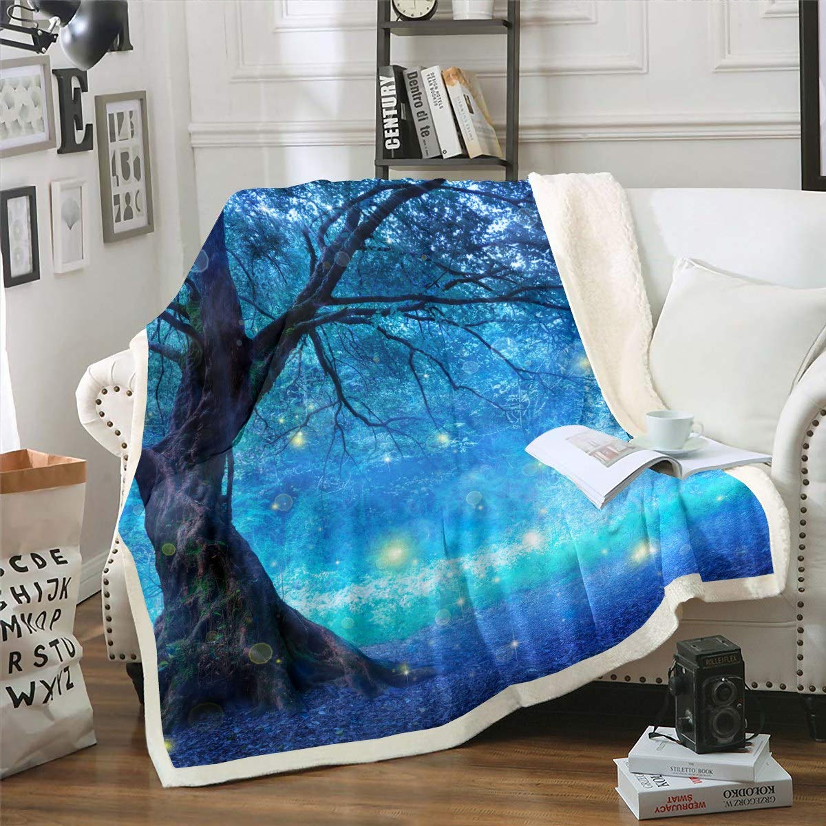 Loussiesd Colour26 Tree Print Fuzzy Blanket Blue Forest Tree Fleece Blanket For Chair Sofa Couch Natural Scenery Decor Sherpa Blanket Dreamy Woodland Scene Plush Throw Blanket Single 50"X60" Warmth Flannel Blanket