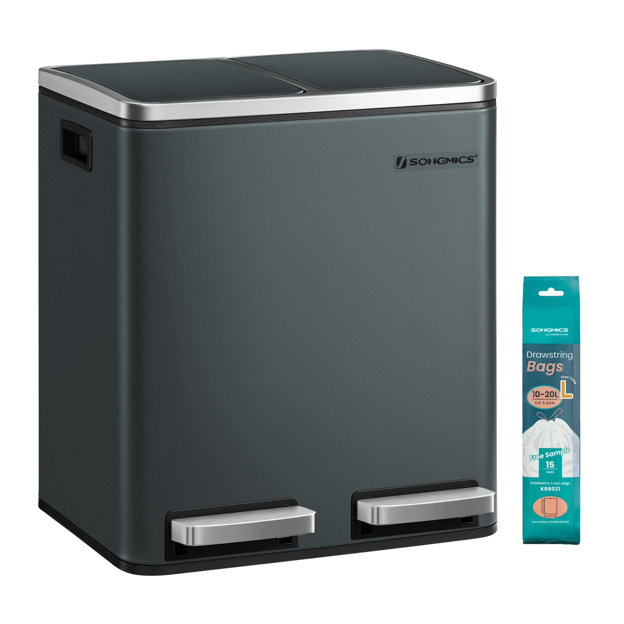 SONGMICS Dual Rubbish Bin, Metal Recycling Bin with 15 Rubbish Bags, 2-Compartment, with Lids, Pedals, Plastic Inner Buckets, Soft Closure, 2 x 4 Gallons (2 x 15 L), Greenish Grey LTB030GT01