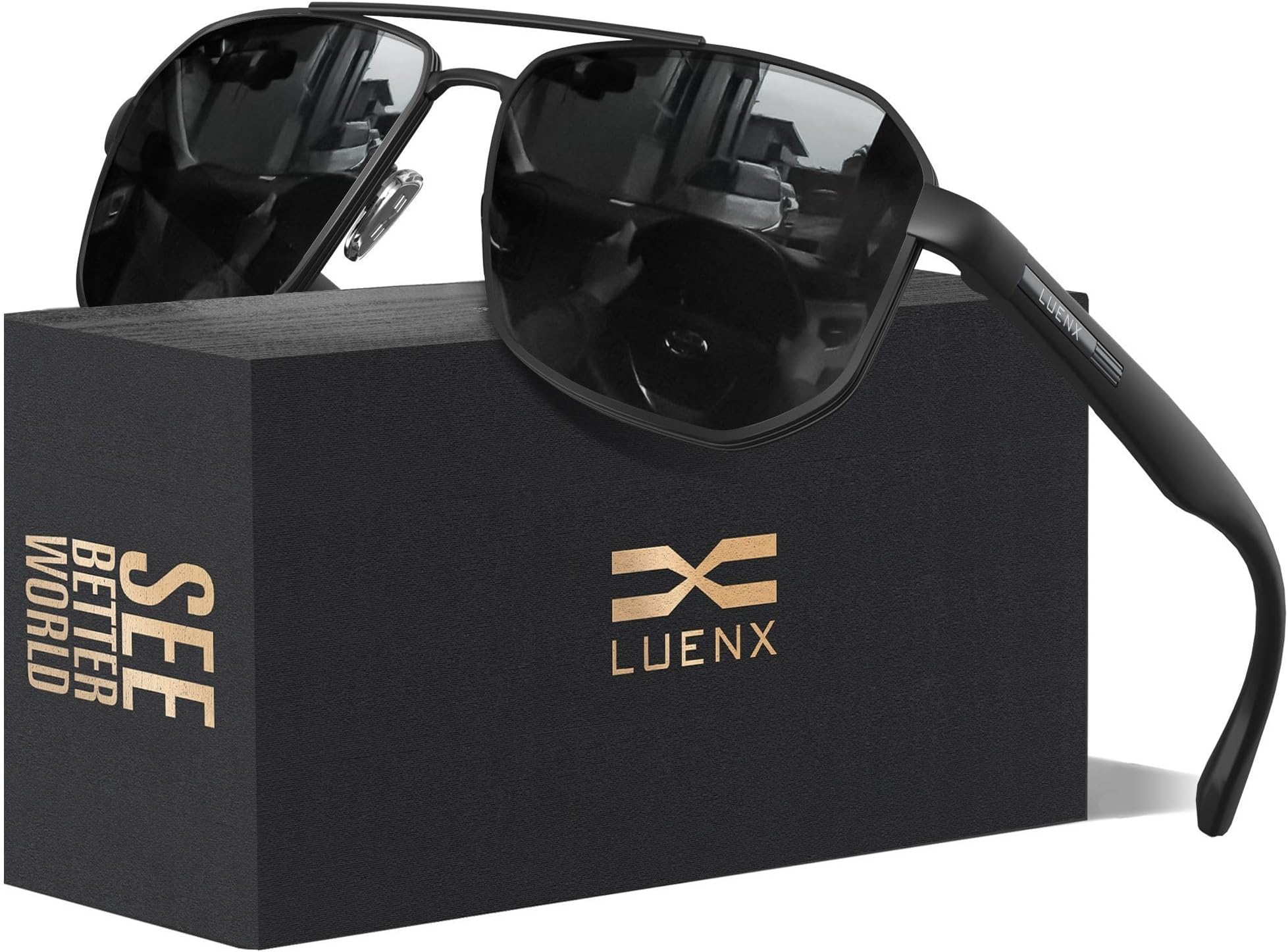 LUENX Aviator Sunglasses for Men Square Polarized Polygon Lens - UV 400 Protection with Accessories Driving Outdoor