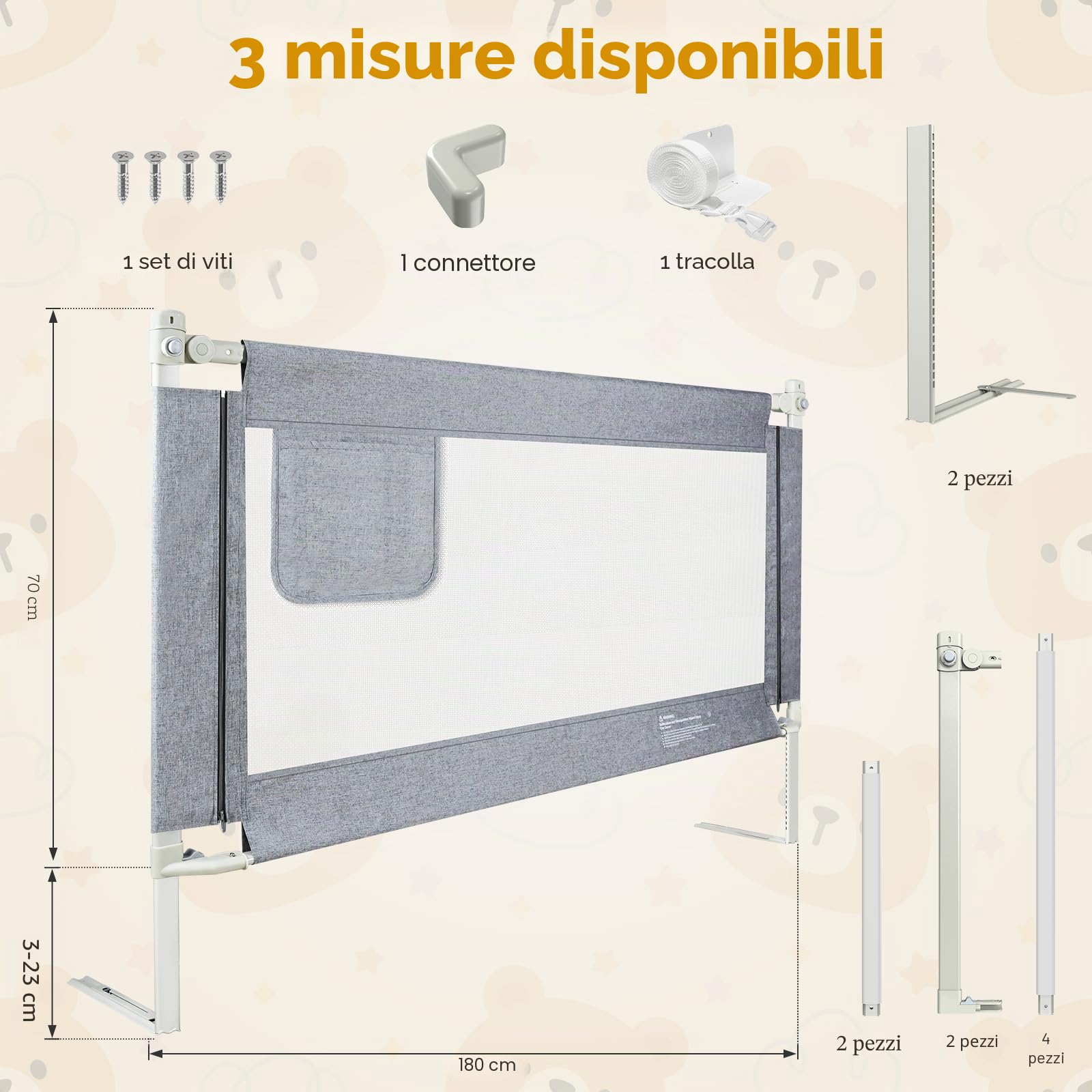 Sponde Letto Bambini，Barriera Letto Bambini，Sponda di Sicurezza per Bambini con Doppio Blocco di Sicurezza per Bambini, Altezza Regolabile，protezione da caduta，1PCS(Grigio) 180cm