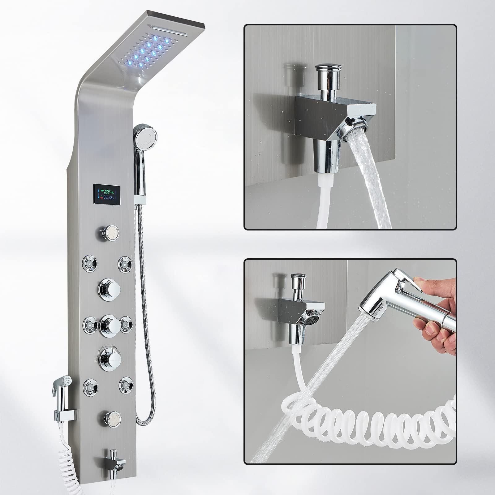 Columna Ducha Hidromasaje Níquel Cepillado LED Acero Inoxidable 6 en 1 Con Cascada y Ducha de Lluvia Montaje en Pared Columna Panel de Ducha