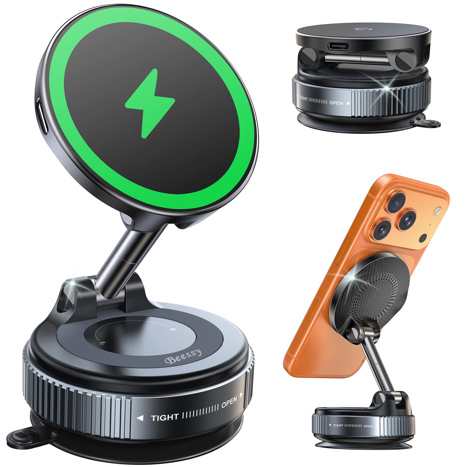 Beeasy 15W Chargeur MagSafe Voiture – Ventouse Ultra-Fort avec Gel – Support Telephone Voiture Rotatif 360° & Pliable pour Tableau de Bord – Charge Rapide sans Fil pour iPhone 17 16 15 14 13 12 – Noir