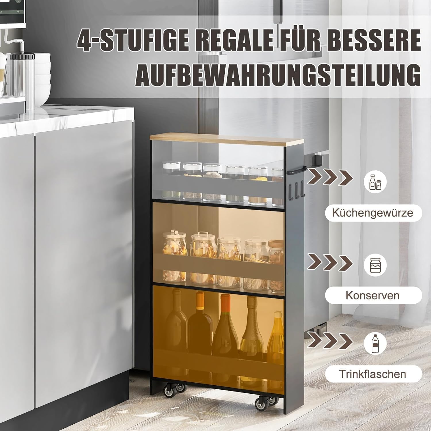 Desserte Étroite à roulettes, Desserte Cuisine, 40×15×80 cm | 4 niveaux de rangement, 15 kg par niveau, avec poignée et 3 crochets pour pour Cuisine étroite Salle de Bain buanderie Bureau