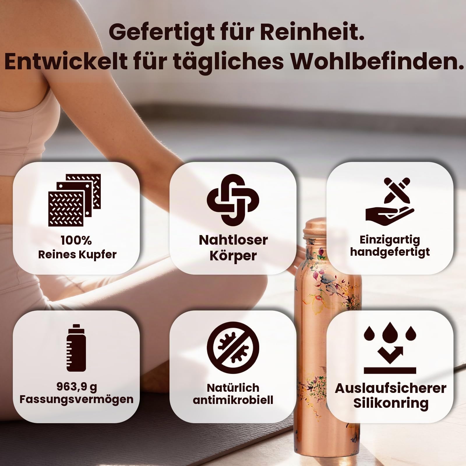 Craft Trade Wasserflasche aus reinem Kupfer, 1000 ml, auslaufsichere ayurvedische Kupferflasche für Büro und Yoga – 2 Stück