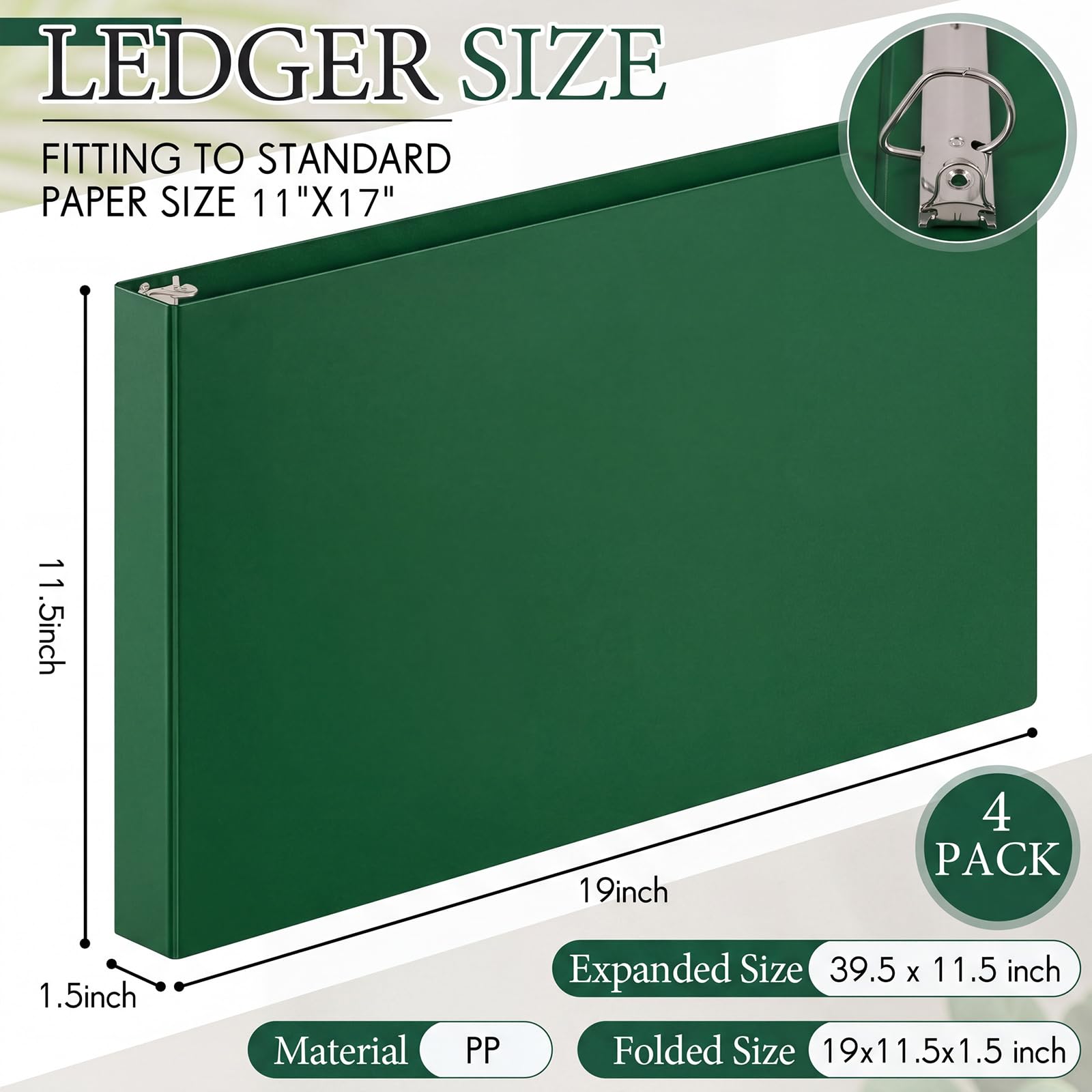 4 raccoglitori a 3 anelli, 28 x 43 cm, anelli da 2,5 cm, verde