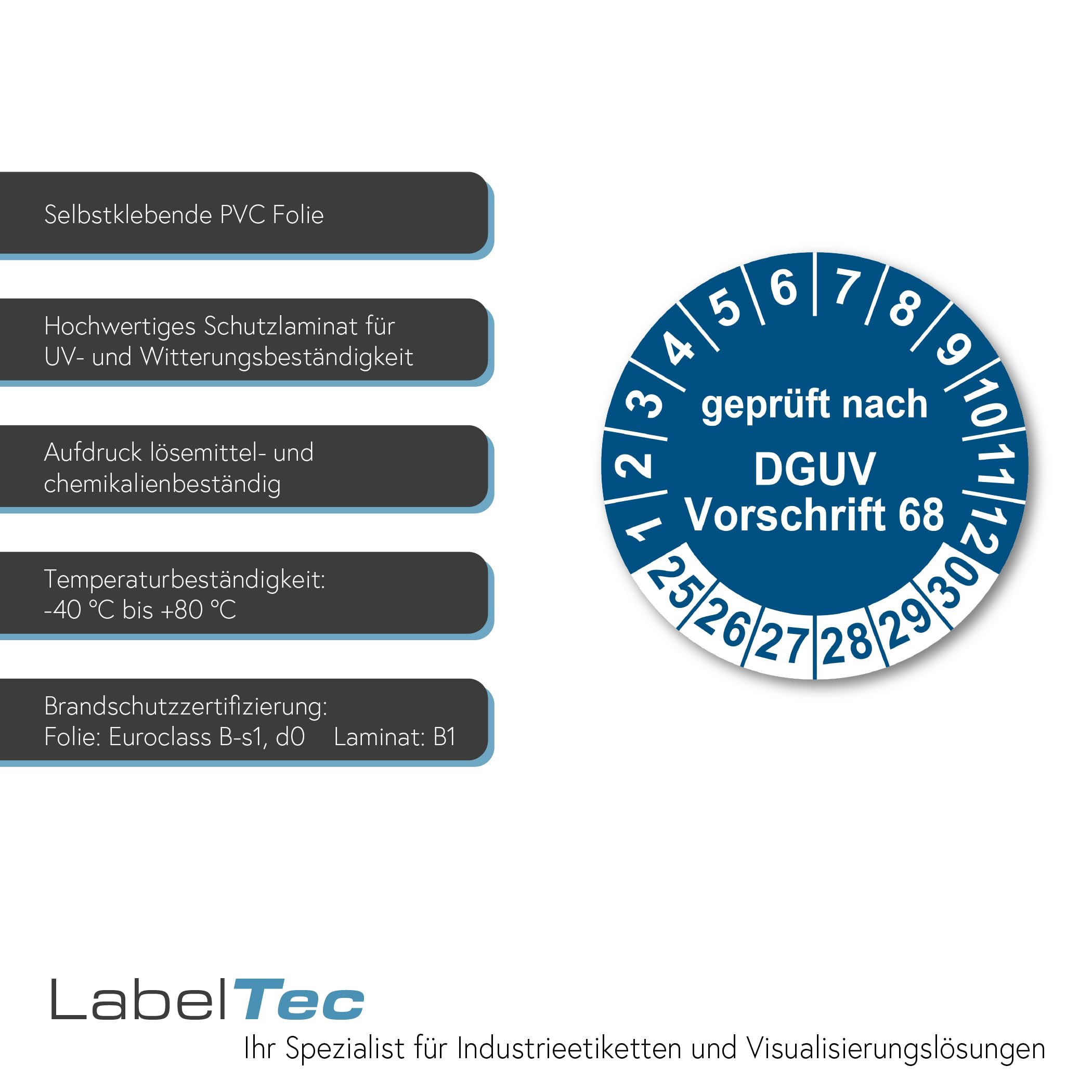 Prüfplaketten geprüft nach DGUV Vorschrift 68 ⌀30mm Prüfaufkleber 2025-2030 Aufkleber Prüfetiketten Vinyl Plaketten Folie selbstklebend wasserfest LTA012 (100, Blau)