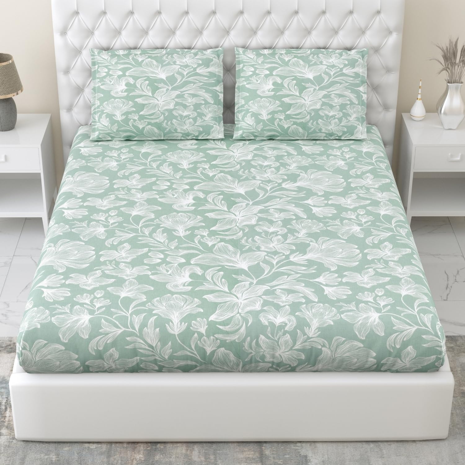 Haus & Kinder Elastic Fitted Double Bed Bedsheet | 100% Combed Cotton 186 TC Bedsheets for Queen Size Bed | 60 X 78 X 10 Inches Elastic Bed Sheet with 2 Pillow Covers - Garden of Memories-picture-26