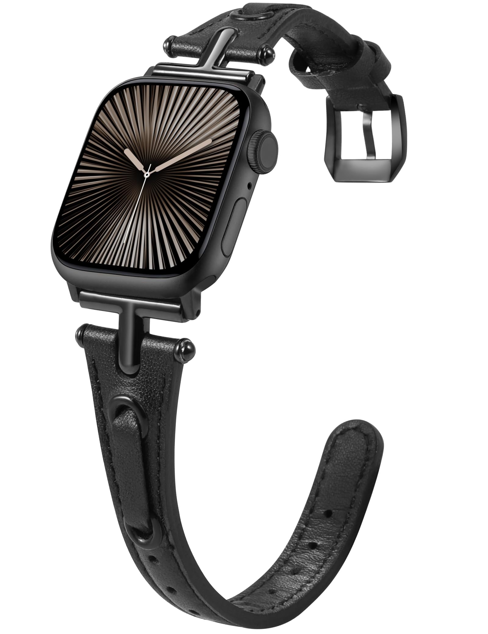 Minyee Leather Band Compatible with Apple Watch 38/40/41/42/44/45/46/49mm Women, Slim Thin Dressy Vintage Stylish Strap with T-Shape Metal Buckle for