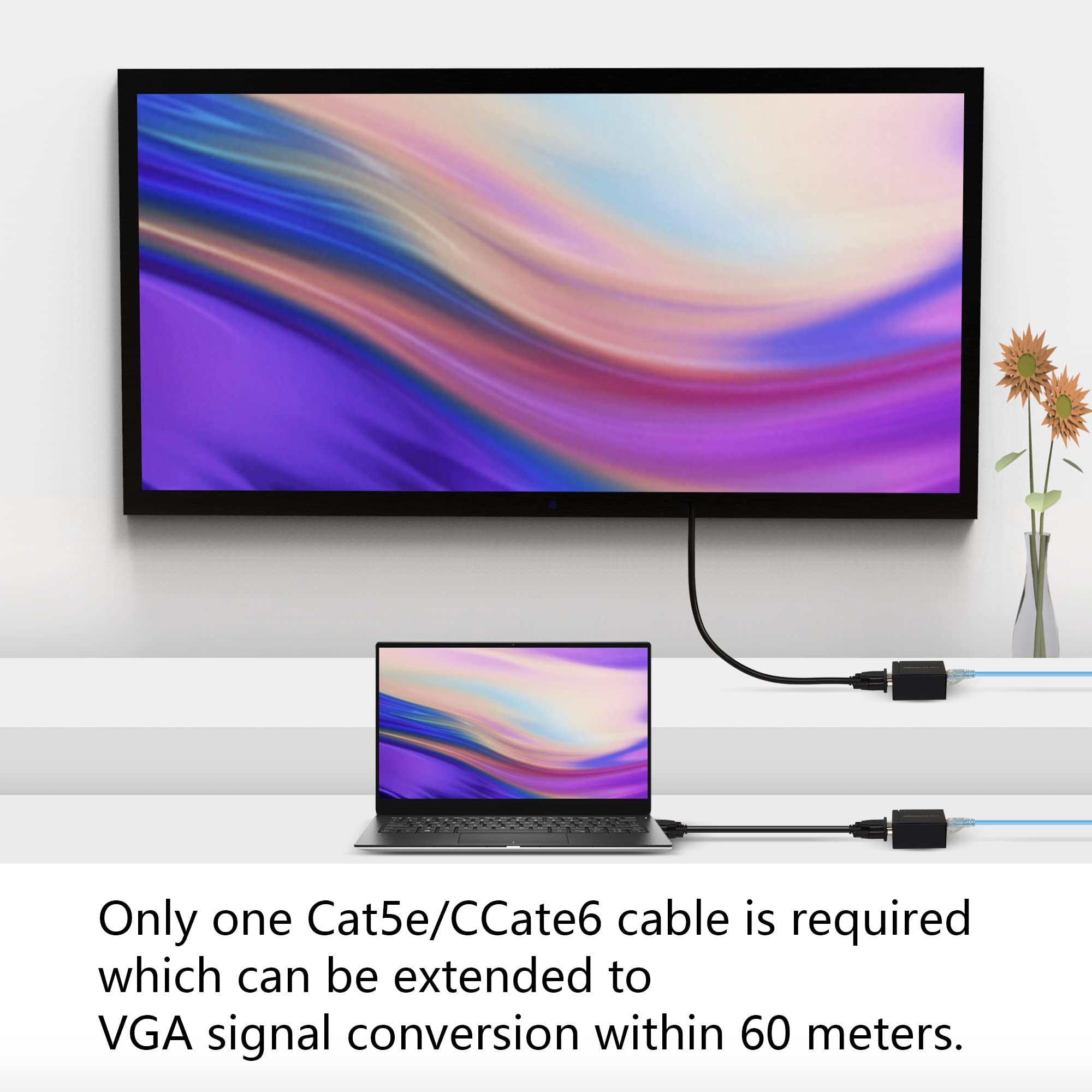 2 Pezzi Adattatore VGA Extender, da VGA a RJ45 su Cavo Ethernet Cat5e/Cat6, Converti Segnale, Estensibile Fino a 60 M/196 Piedi (Nero)
