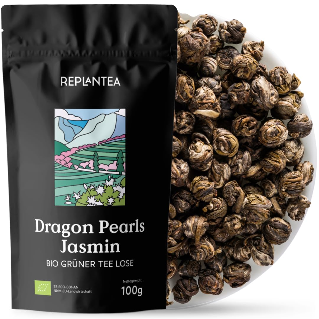 Tè Verde Perle di Drago al Gelsomino BIO (100g) | Dragon Pearls Jasmin Pregiate Perle Lavorate a Mano | Specialità Floreale per 50 Tazze | REPLANTEA