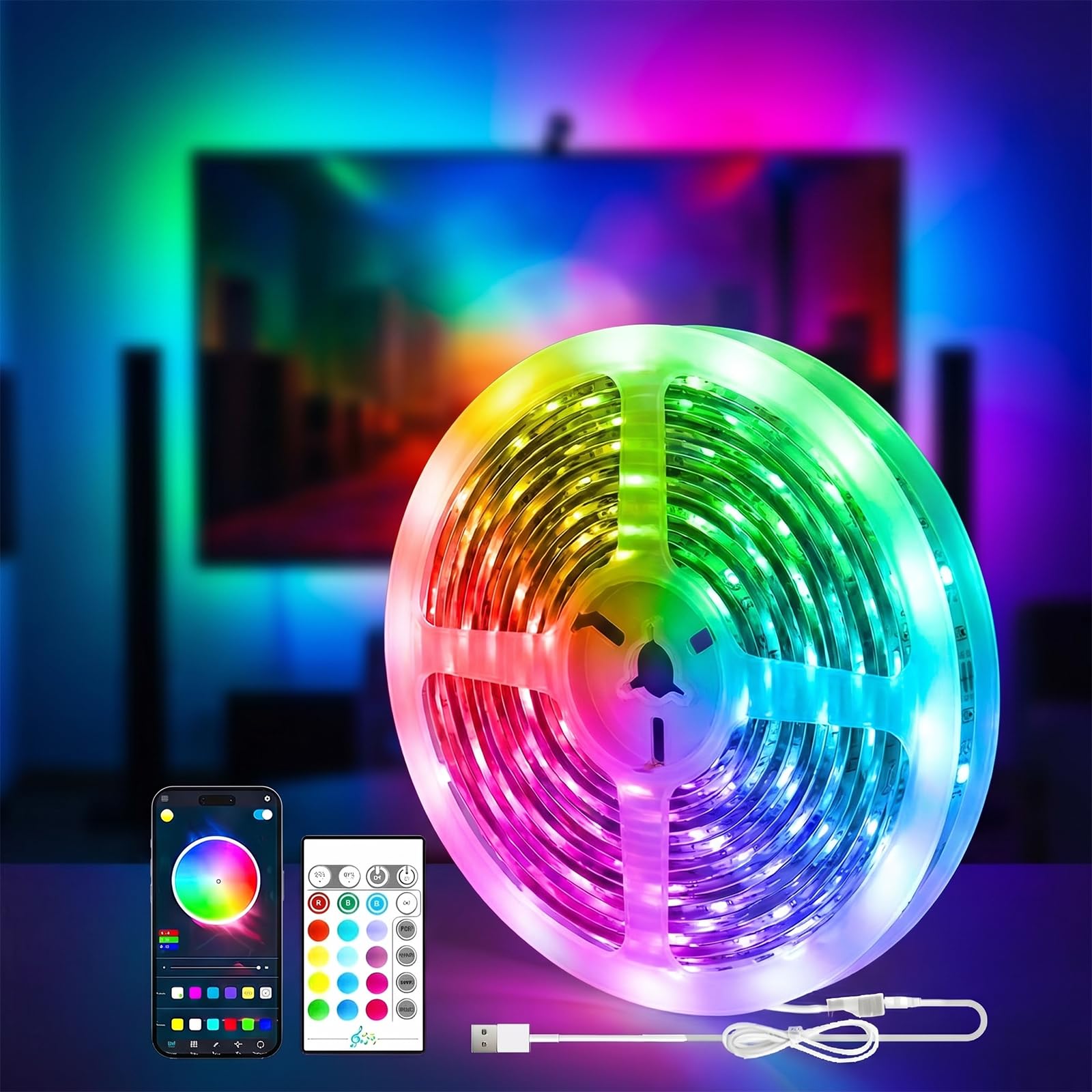 Melofo TV Backlight, 5M Cuttable TV LED Lights for 40-60 inch Inch Screen and PC Monitor, Smart App Control, Game & Music Sync RGB Color Changing Light Strip with 24 Key Remote for Room Gaming Decor