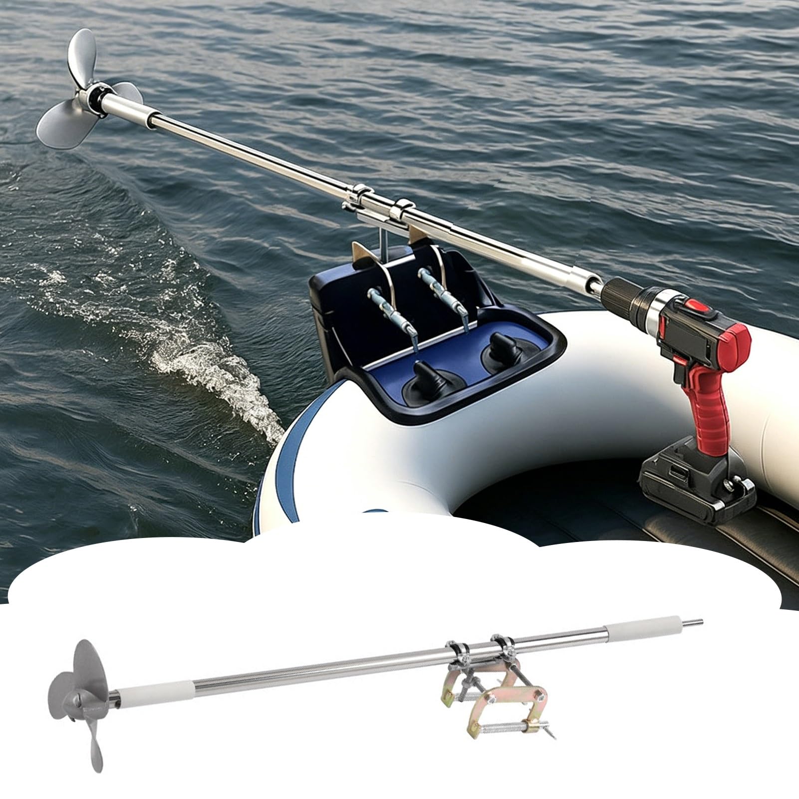 Bohrmaschine Propeller Tragbarer, Bohrbetriebener Propeller für Angel-Tube, Handbetriebener Bootsantrieb mit Klemmhalterung, Bohrmaschinen-Außenbordmotor(With Clamps,1m/39.4in)