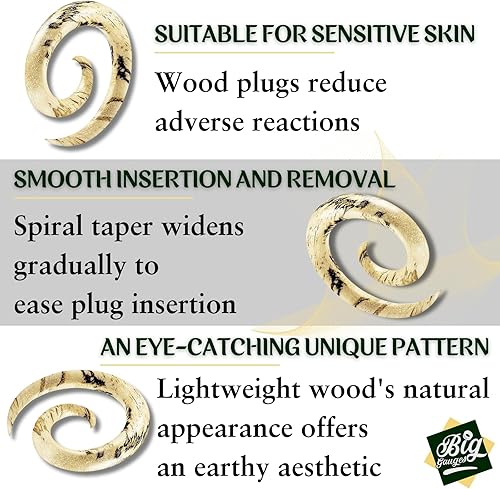 Miniatura 3 de Par de tamarindo de madera en espiral de bobina cónica piercing joyería tapones para los oídos, dilatadores de lóbulo de pendientes