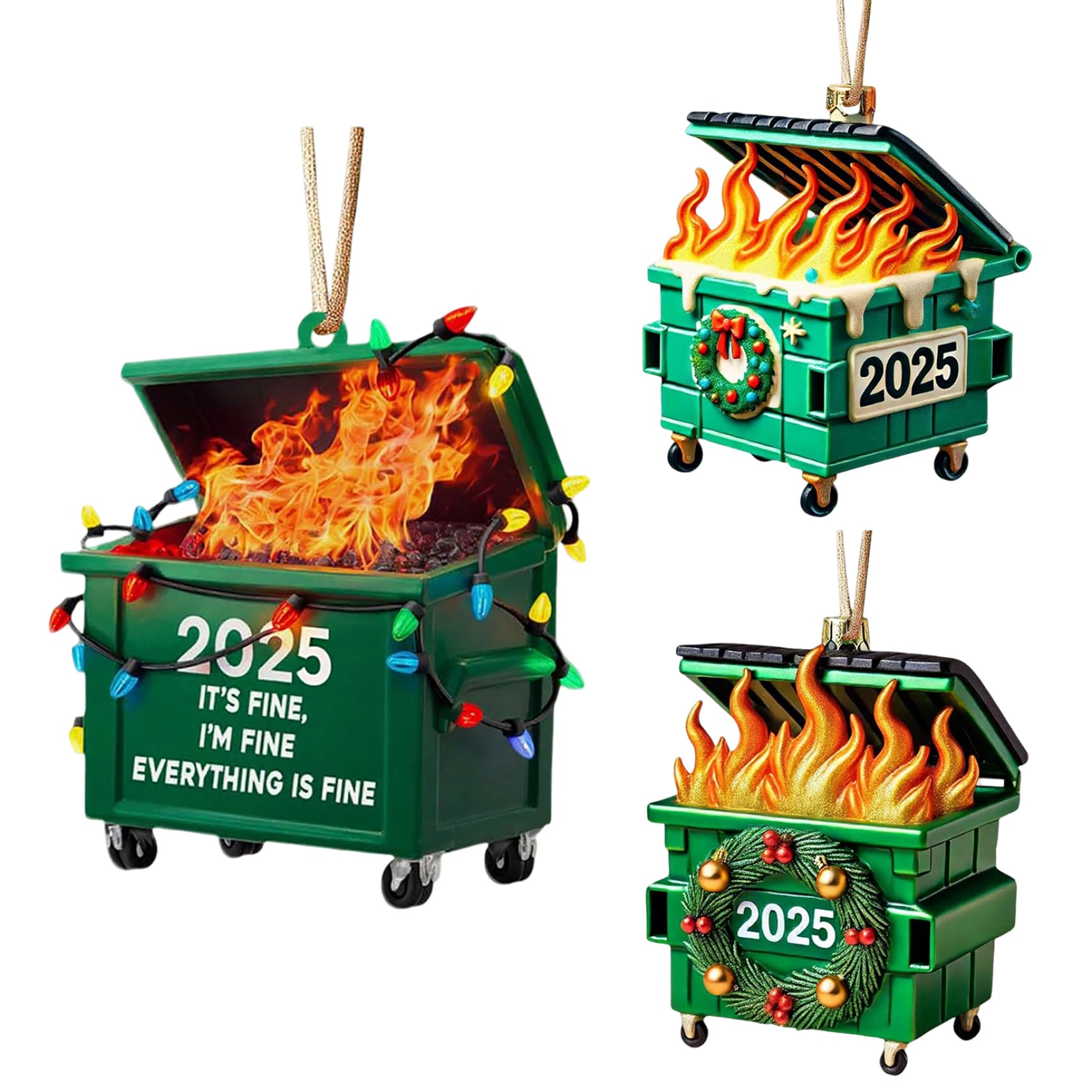 Hperu Green 3Pcs Dumpster Fire Christmas Ornament 2025 Acrylic 2D Flat Dumpster Fire Ornaments Hanging Christmas Tree Decorations For Home Party - Decor