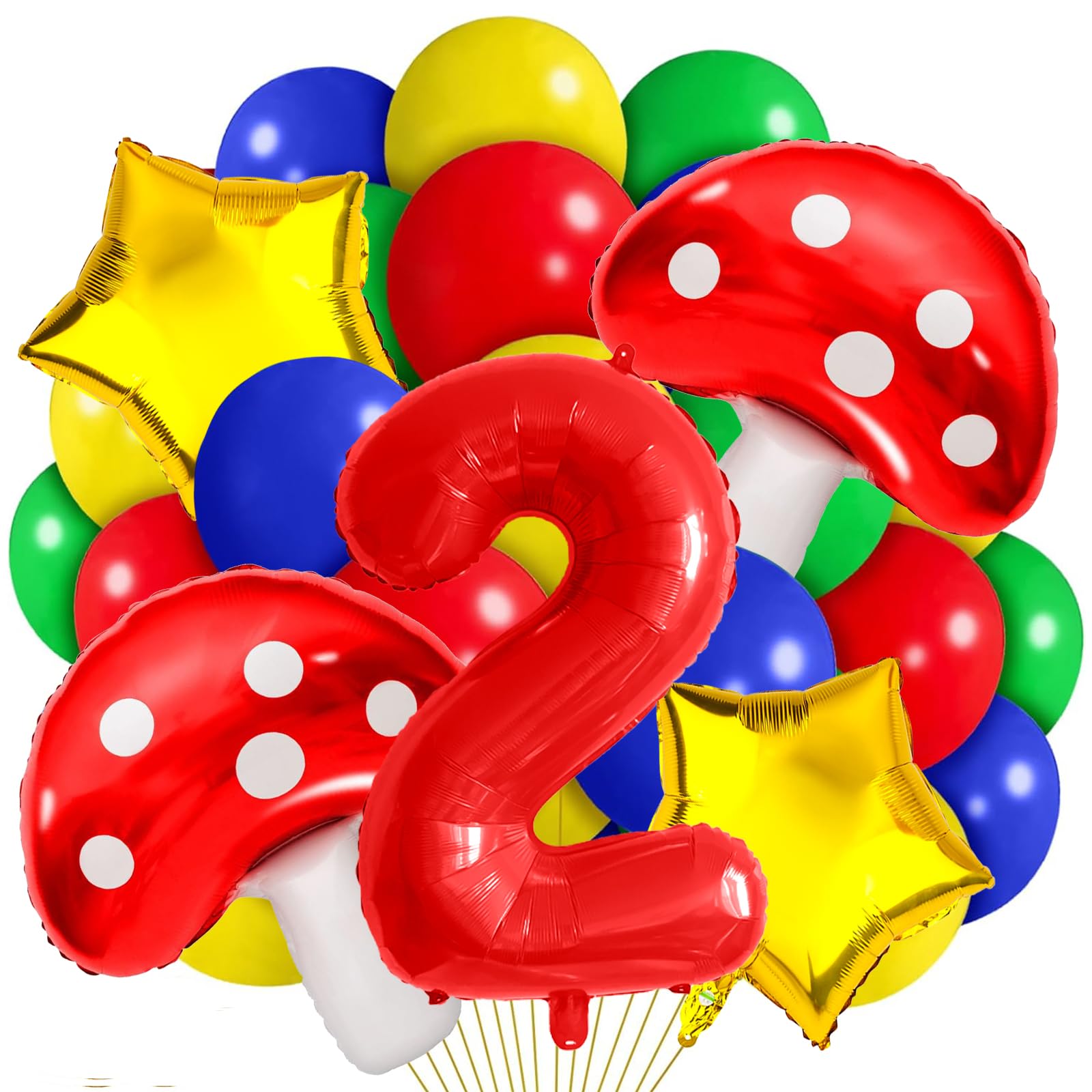 2 Balloon Number Red Blue Green Yellow Balloon Cartoon Mushroom Decorations Star Balloons for Birthday, Carnival, Party Activities, Cartoon Video Game