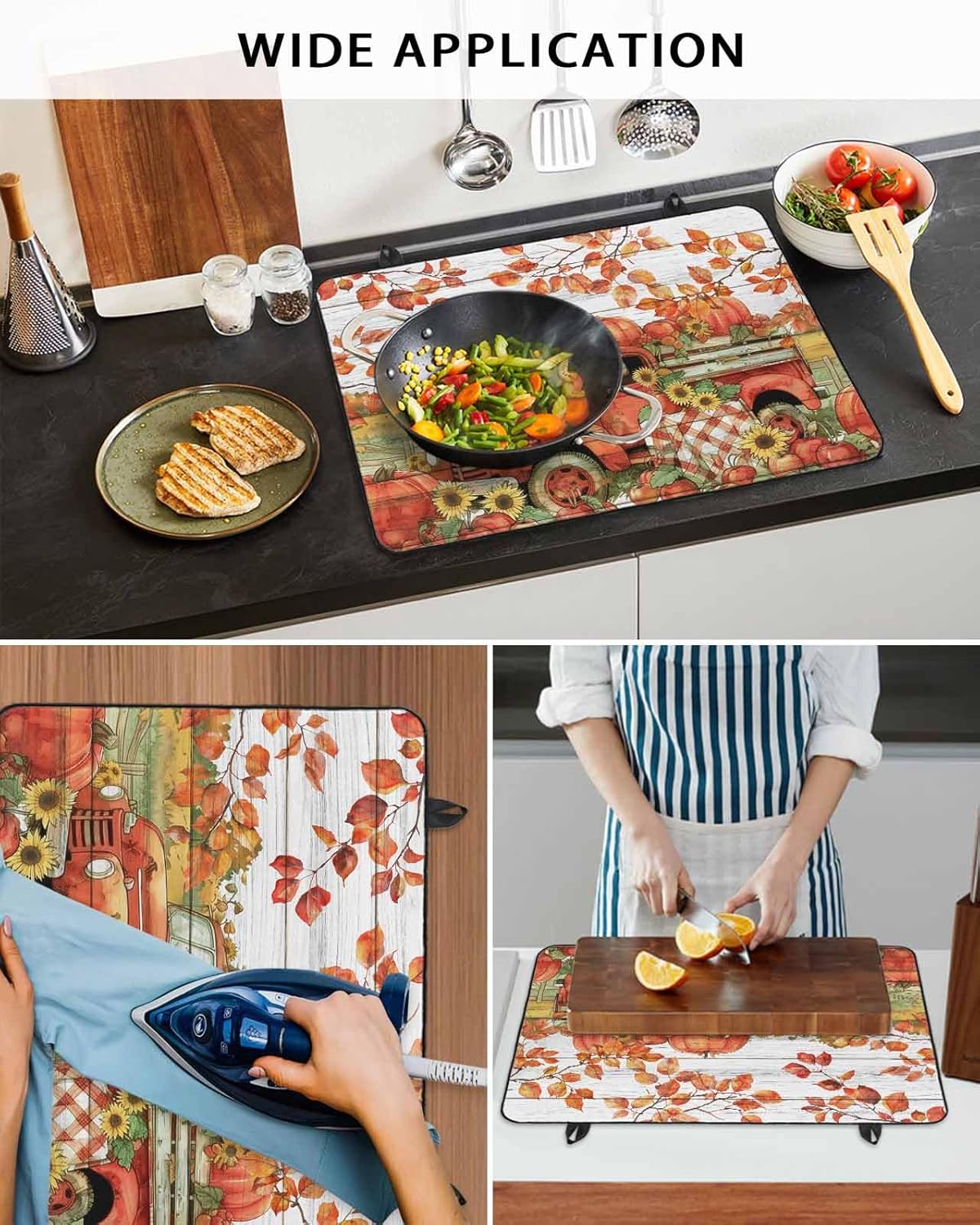 Fall Stove Top Cover Pumpkin Fruit Stove Cover for Electric Stove Top Truck Leaves Floral Plant Wood Grain Thanksgiving Glass Cooktop Covers Anti-Slip Mat Countertop Protector 28.5"x20.5"