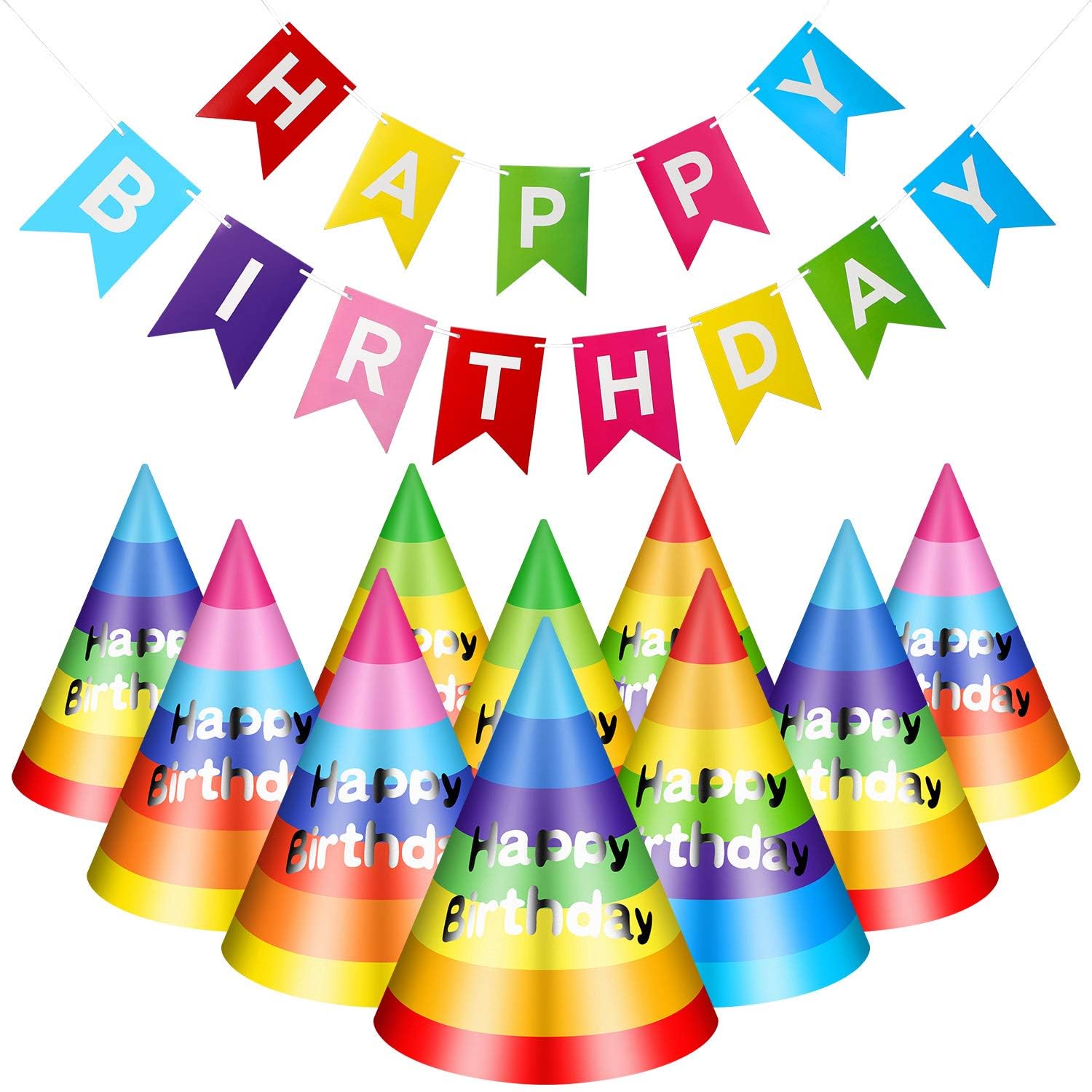 Boao 20 Pcs Rainbow Birthday Party Hats with Happy Birthday Banner Colorful Cone Hats for Adults Kids Toddlers Bulk Party Decorations Supplies
