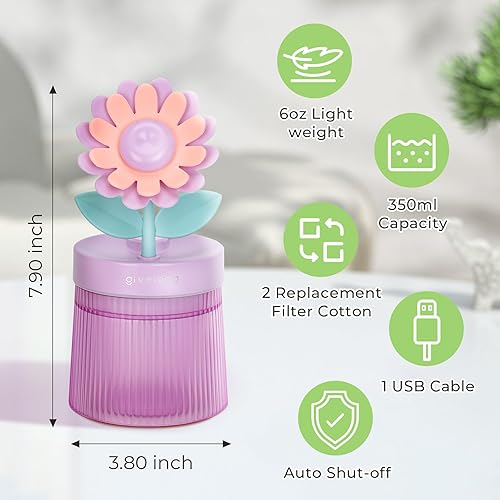 Miniatura 7 de Mini humidificador de flores bonitas, humidificadores de escritorio de girasol de 8.8 fl oz para dormitorio, humidificación portátil de niebla fría