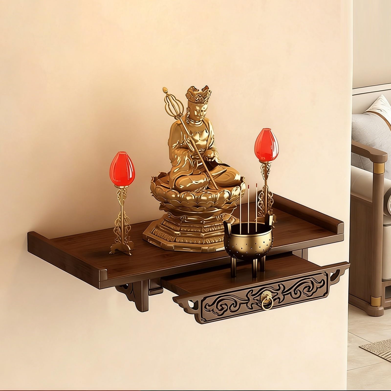 JNTFNE Wall mounted/desktop buddhist altar，Guan Gong Guanyin Pooja Statue Display Cabinet，Household Shrine Meditation Table for and Incense Tribute(Wall-mounted,Small)