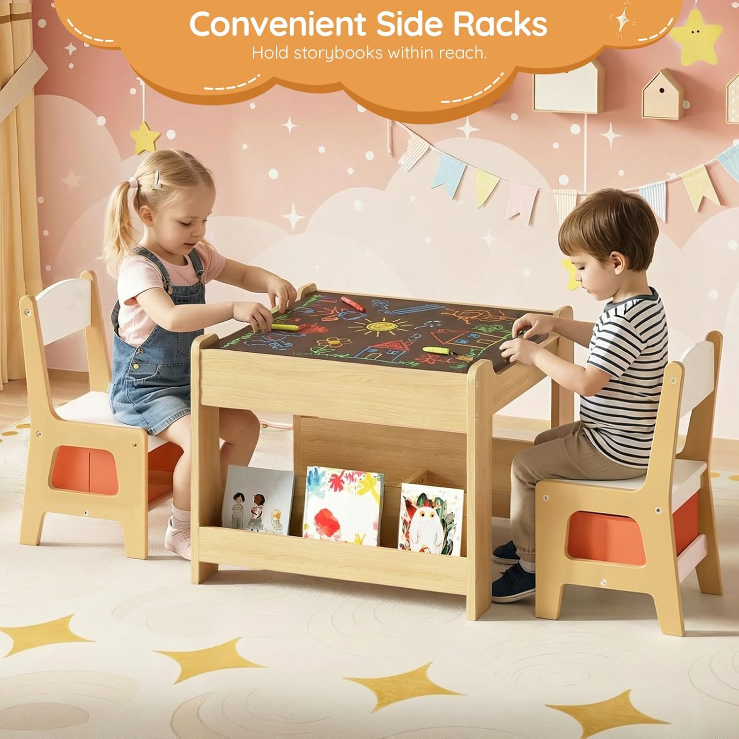 HOOBRO Kids Table and Chairs, Wooden Kids Table and 2 Chairs with Double-Sided Tabletop, Toddler Table and Chair Set with Storage Drawers & Bookshelf for Arts, Reading, Playroom, Natural WN02KT01